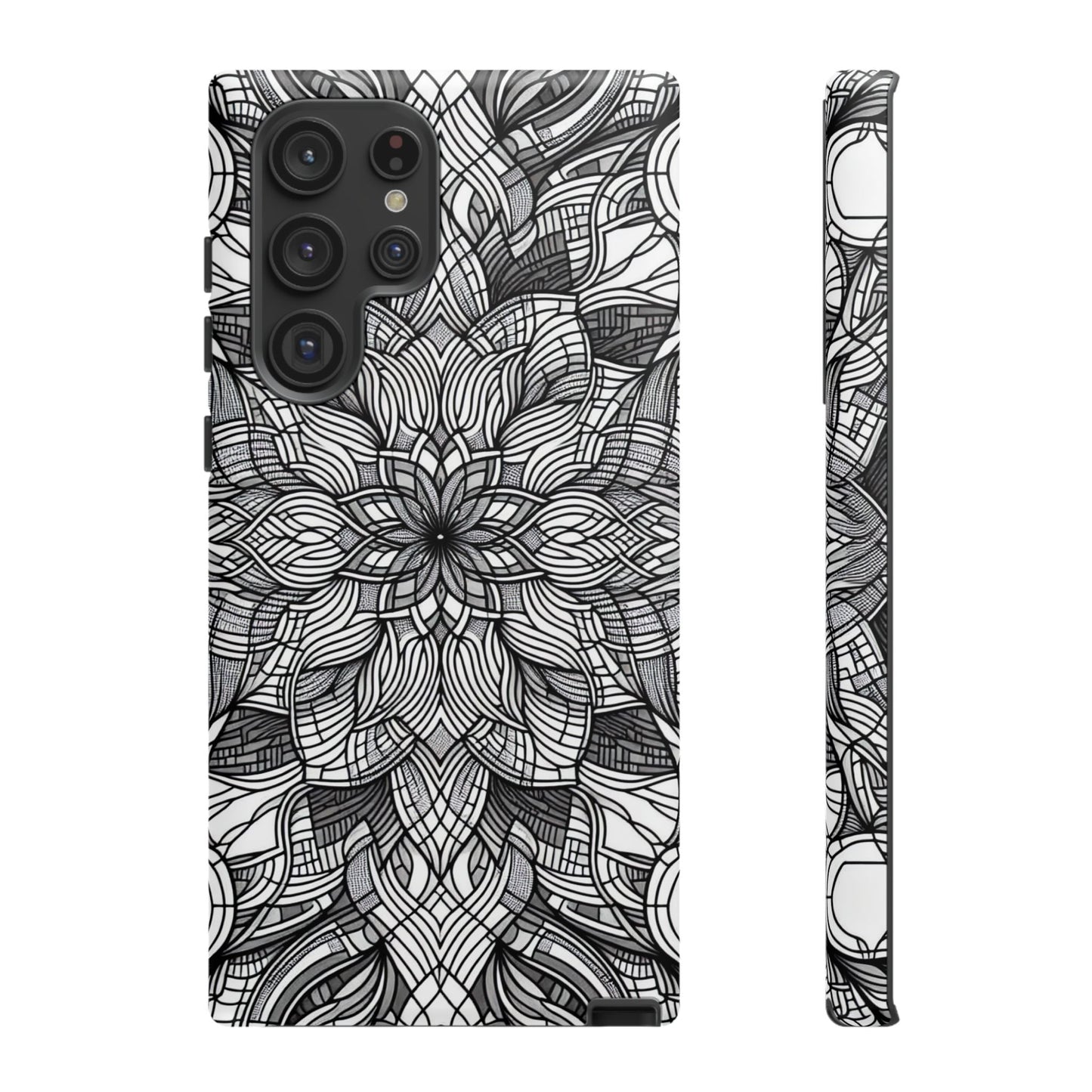 Black and White Art Explosion Samsung Tough Case with intricate black and white floral pattern and full device protection