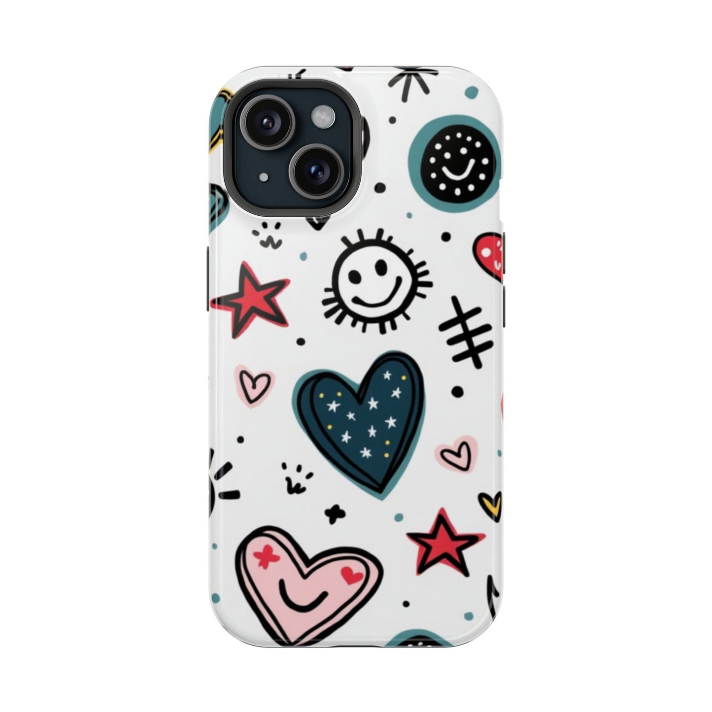 iPhone tough case with colorful Cartoon Hearts and Smiles design, durable and protective with MagSafe compatibility