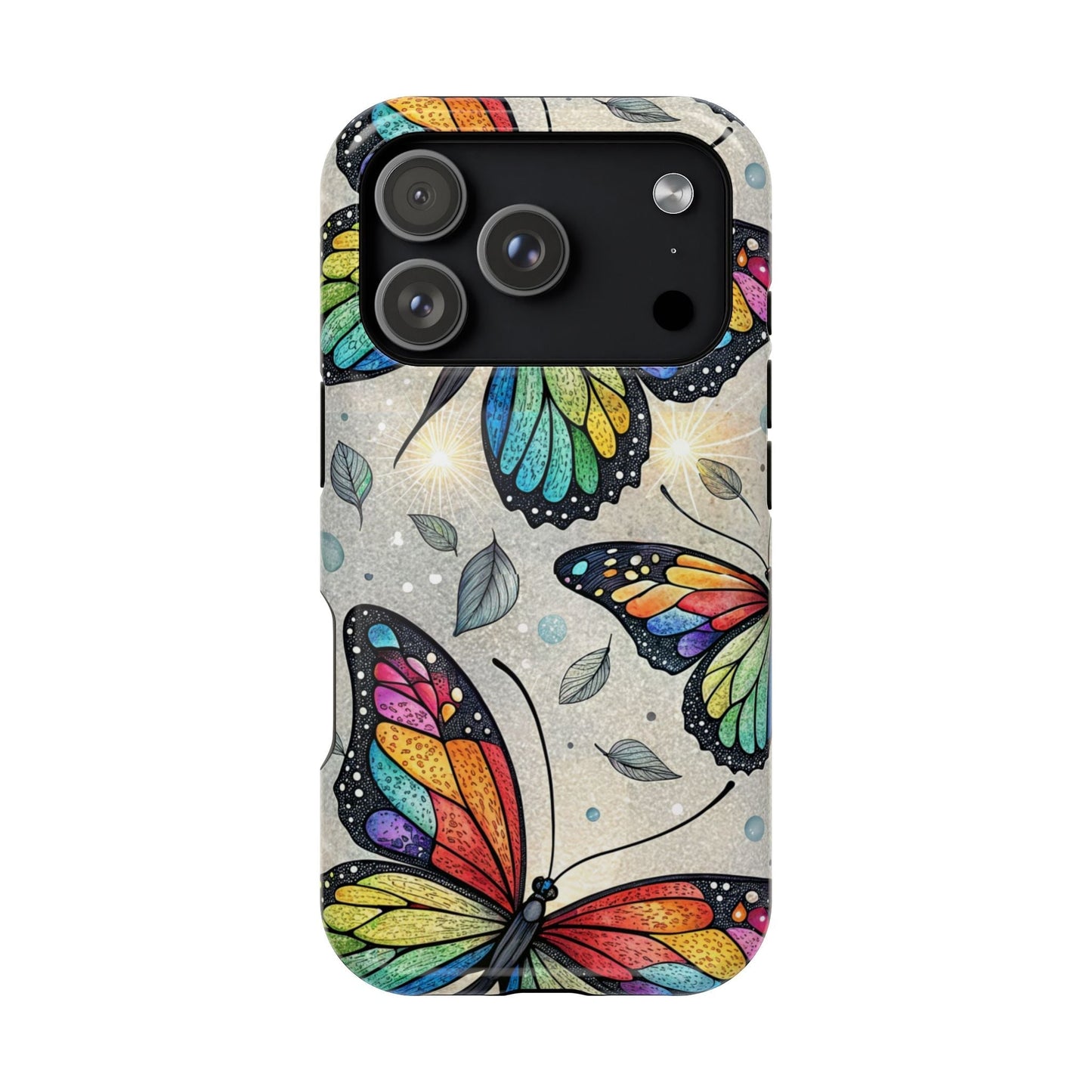 Vibrant Rainbow Butterfly iPhone case with colorful dual-layer protection and MagSafe compatibility