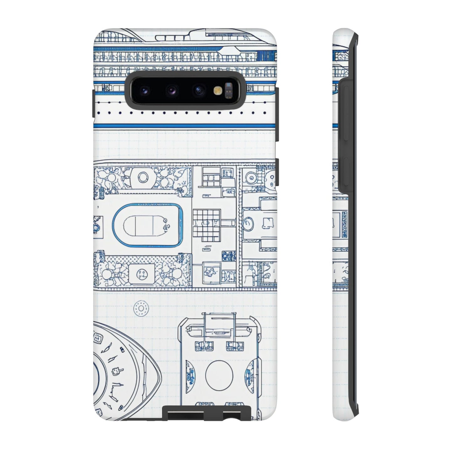 Samsung phone case with detailed cruise ship design blueprint pattern in blue and white, offering durable, shock-absorbent protection.