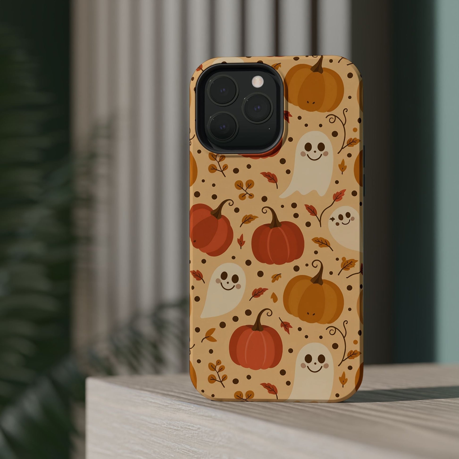 Spooky Pumpkins iPhone case with ghost and pumpkin Halloween design, durable polycarbonate and TPU, MagSafe compatible