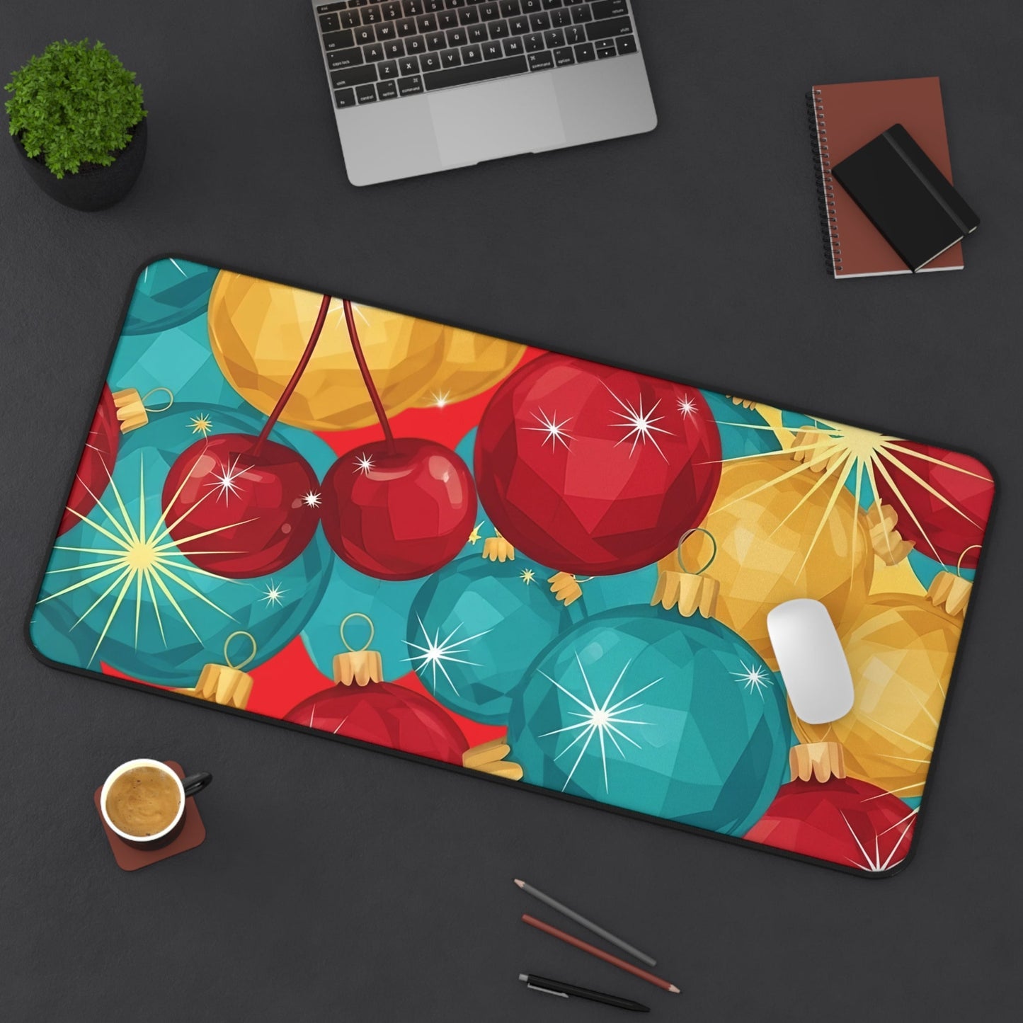 Holiday-themed desk mat with festive colorful Christmas tree bulb design on a non-slip neoprene surface