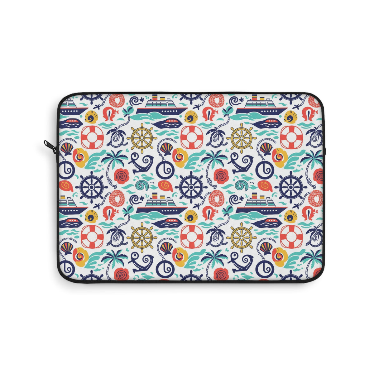 Laptop sleeve with a nautical pattern featuring ships, wheels, anchors, and shells.
