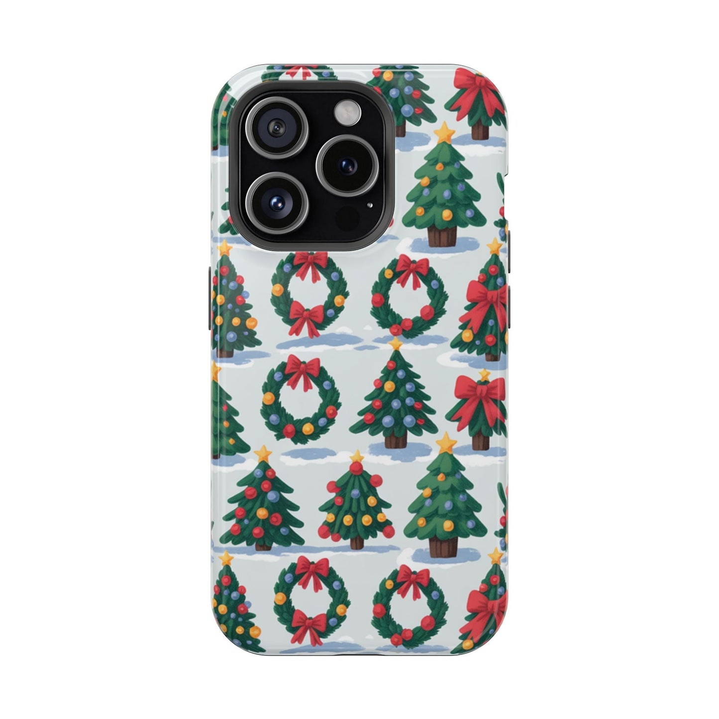 iPhone case with festive Holiday Tree and Wreath pattern for Christmas protection and MagSafe compatibility