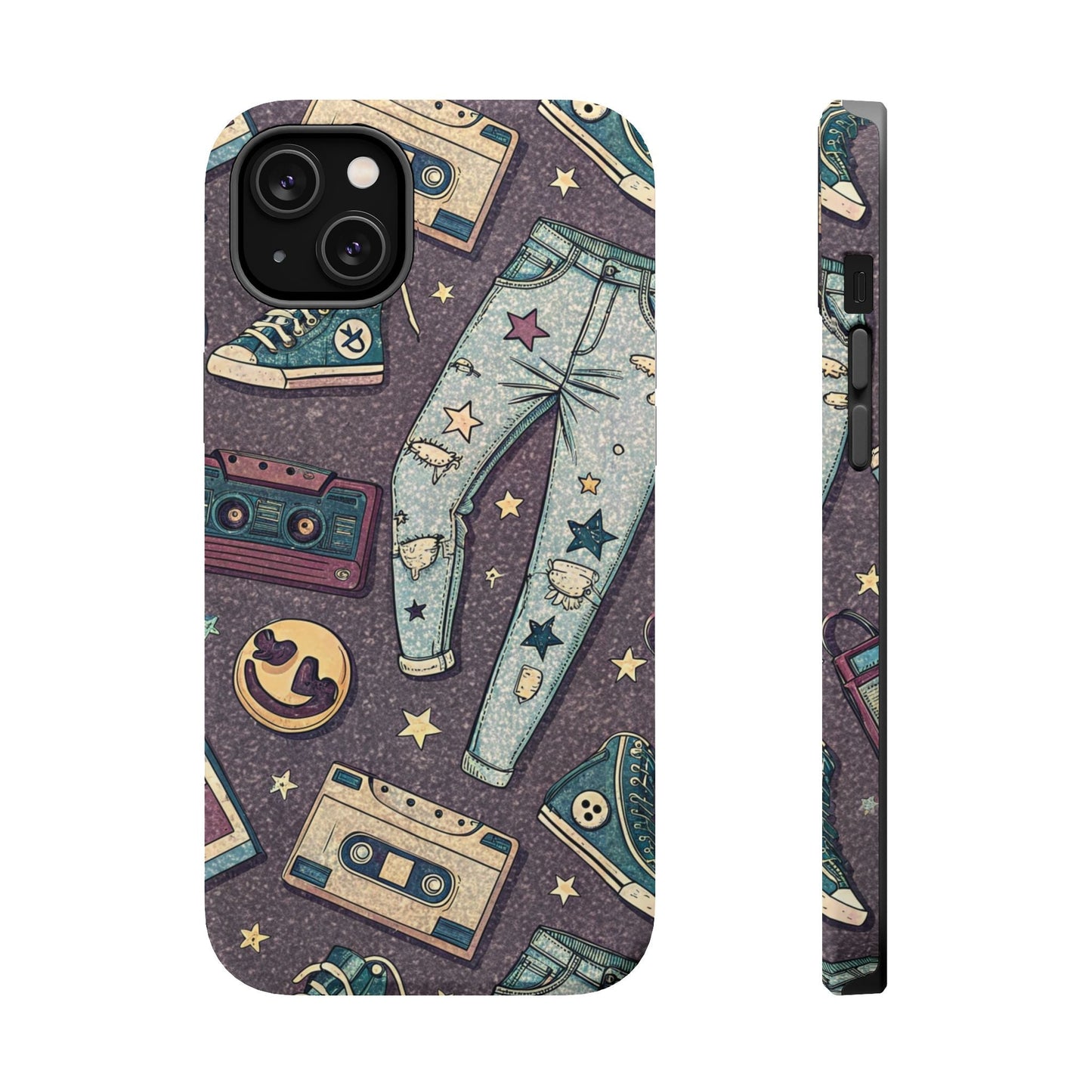 90s grunge cassette tape collage iPhone tough case with retro sneakers, ripped jeans, and band logos design