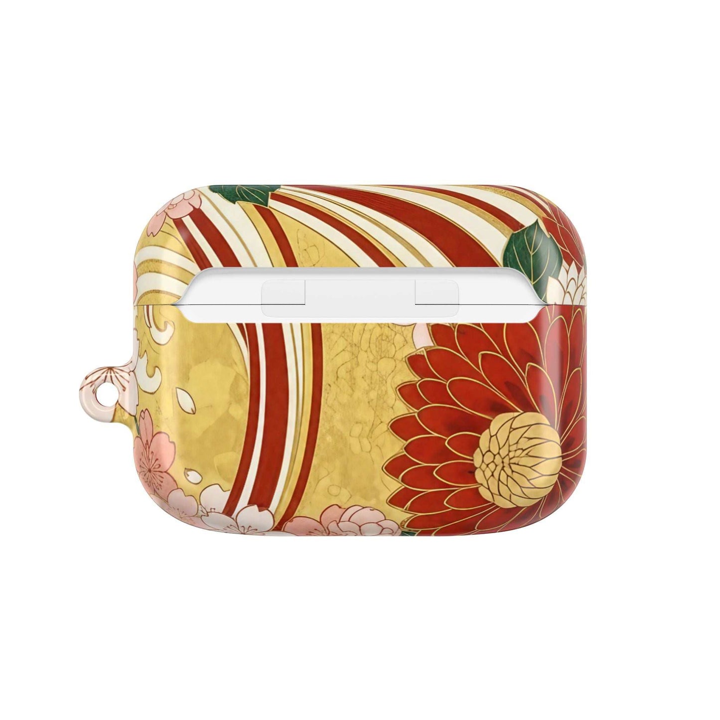 Japanese floral gold chrysanthemum AirPod case with gloss finish and carabiner accessory