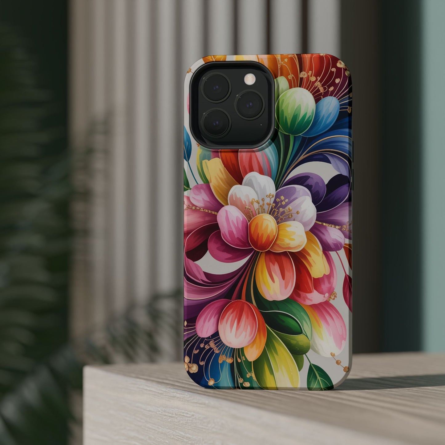 Vibrant Floral iPhone Case with colorful flower design, durable dual-layer protection, and MagSafe compatibility