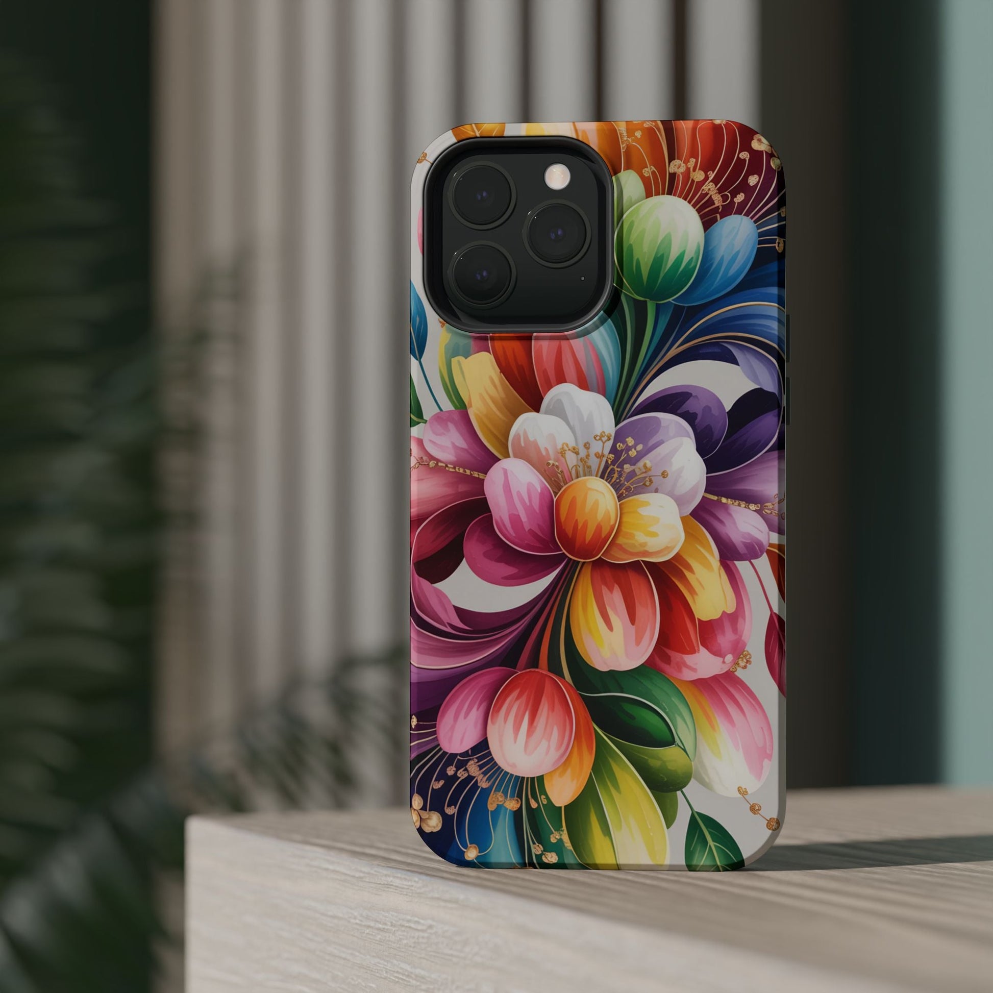 Vibrant Floral iPhone Case with colorful flower design, durable dual-layer protection, and MagSafe compatibility