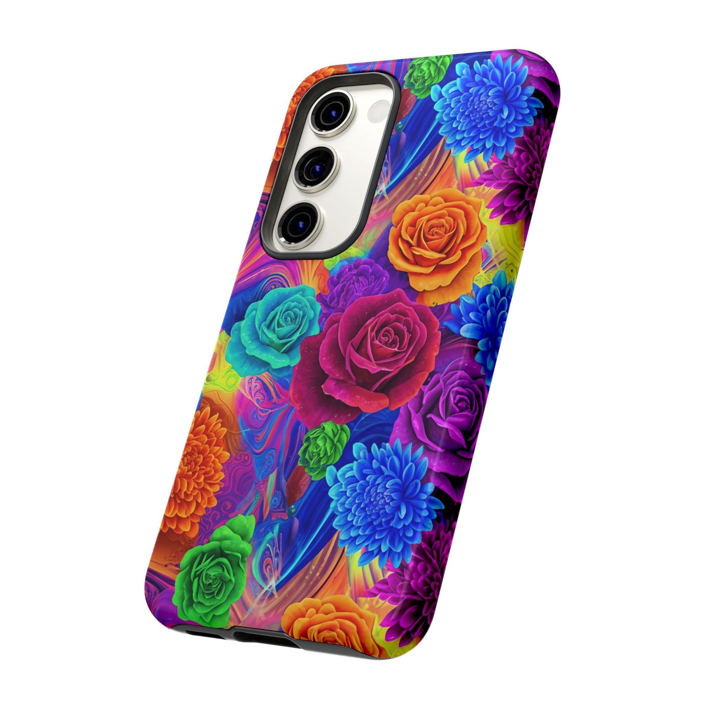 Vibrant floral Samsung phone case with colorful rose and chrysanthemum design, durable shock-absorbing TPU material, and full 3D wrap protection.