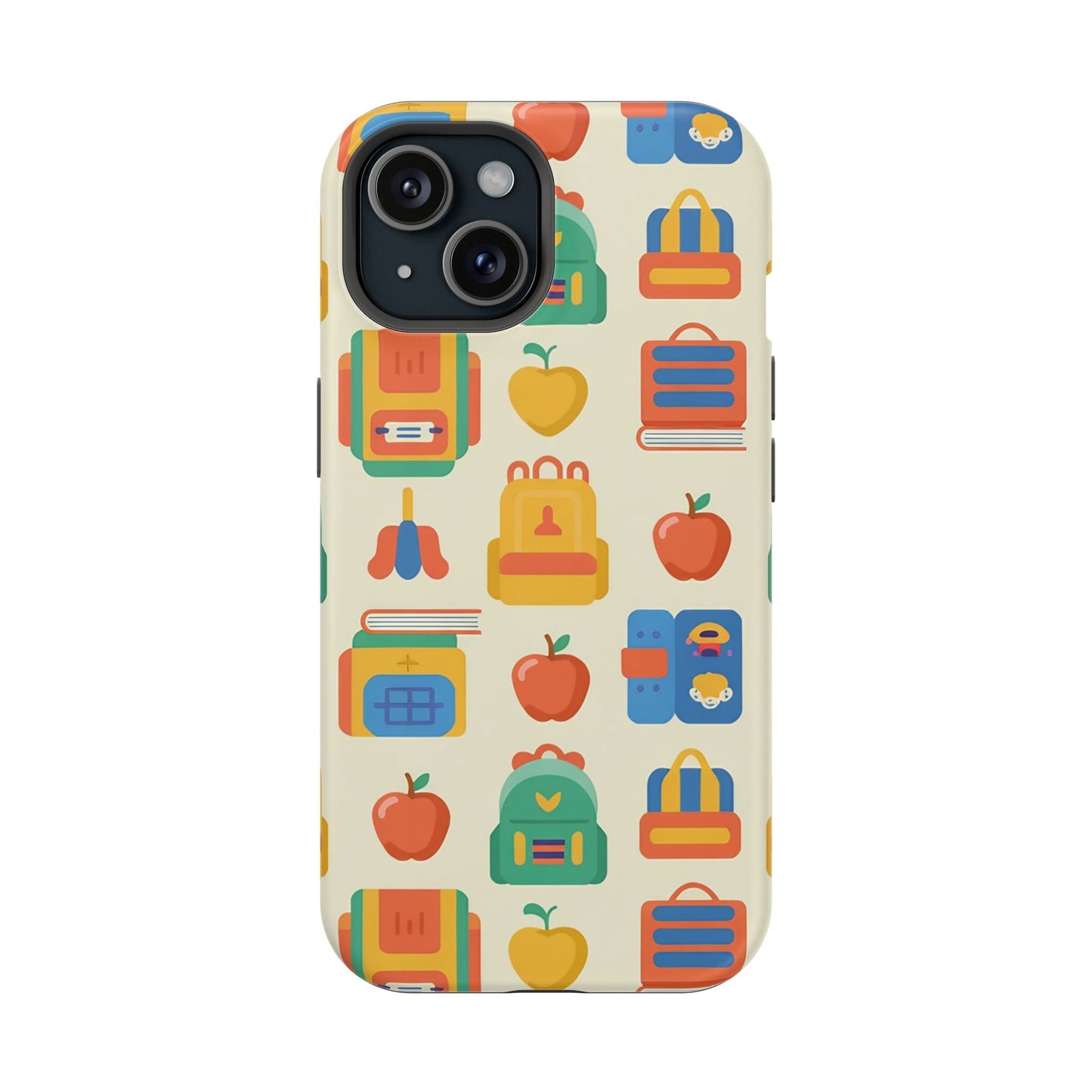 iPhone Back to School Phone Case with colorful backpack and apple design, durable dual-layer protection, and MagSafe compatibility