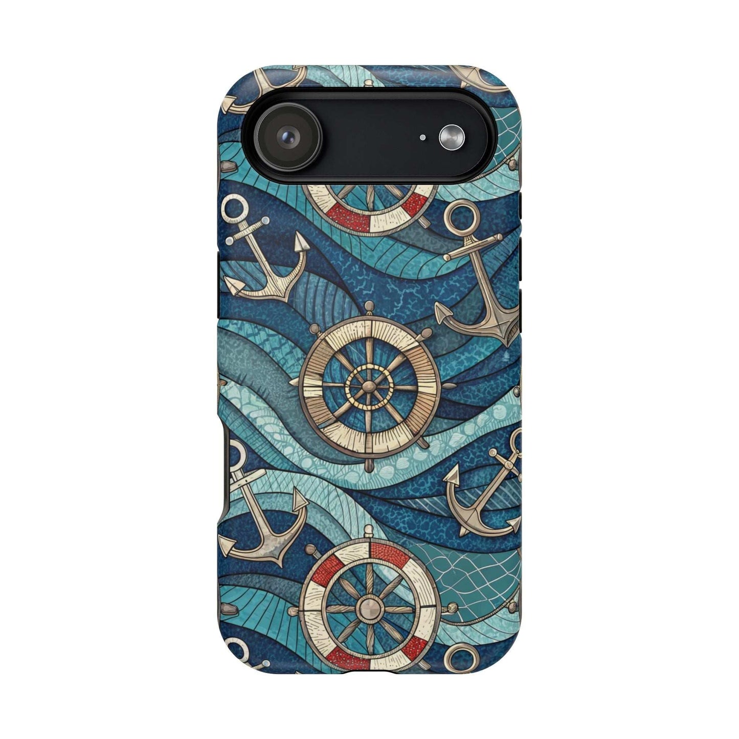Nautical Theme iPhone Case with anchors and ship wheels on blue waves for iPhone 13–16