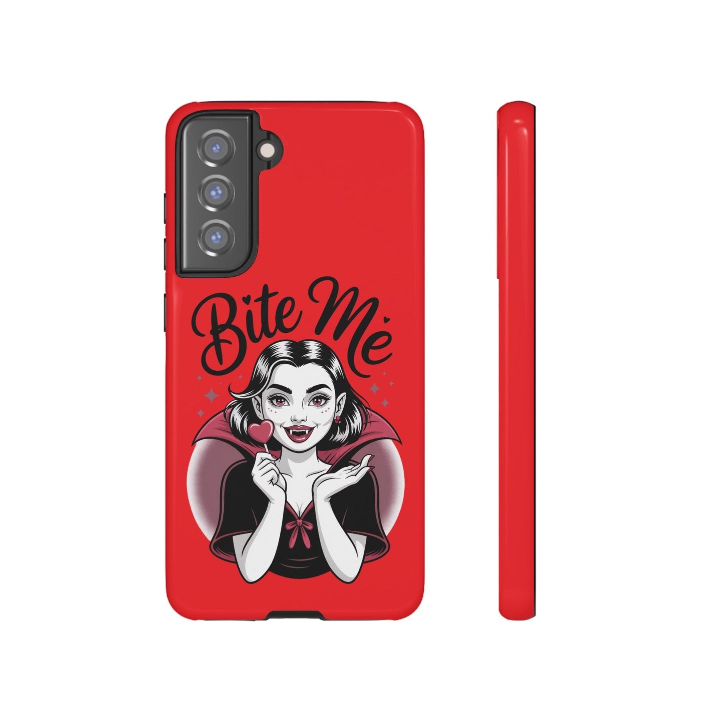 Red Samsung phone case with a cartoon vampire girl holding a heart-shaped lollipop and "Bite Me" text, Halloween-themed protective phone cover.