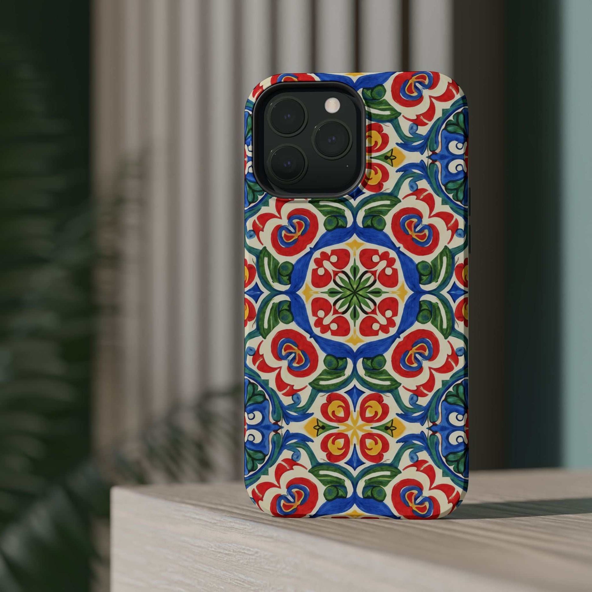 Mediterranean folk tile pattern iPhone case with hand-painted inspired Spanish ceramic design in vibrant colors, impact-resistant and MagSafe compatible