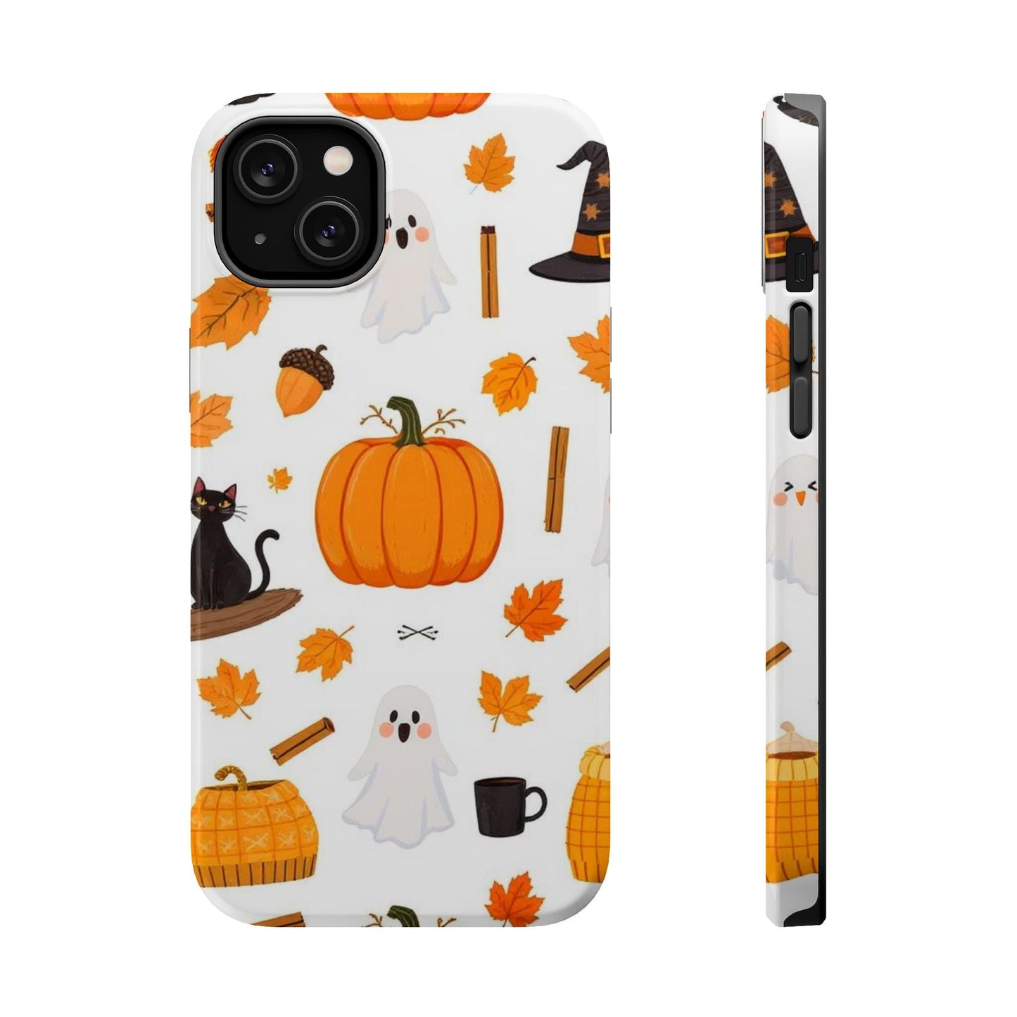 Halloween Pumpkins iPhone case with festive pumpkin, ghost, and autumn leaf design, durable protective cover with MagSafe compatibility