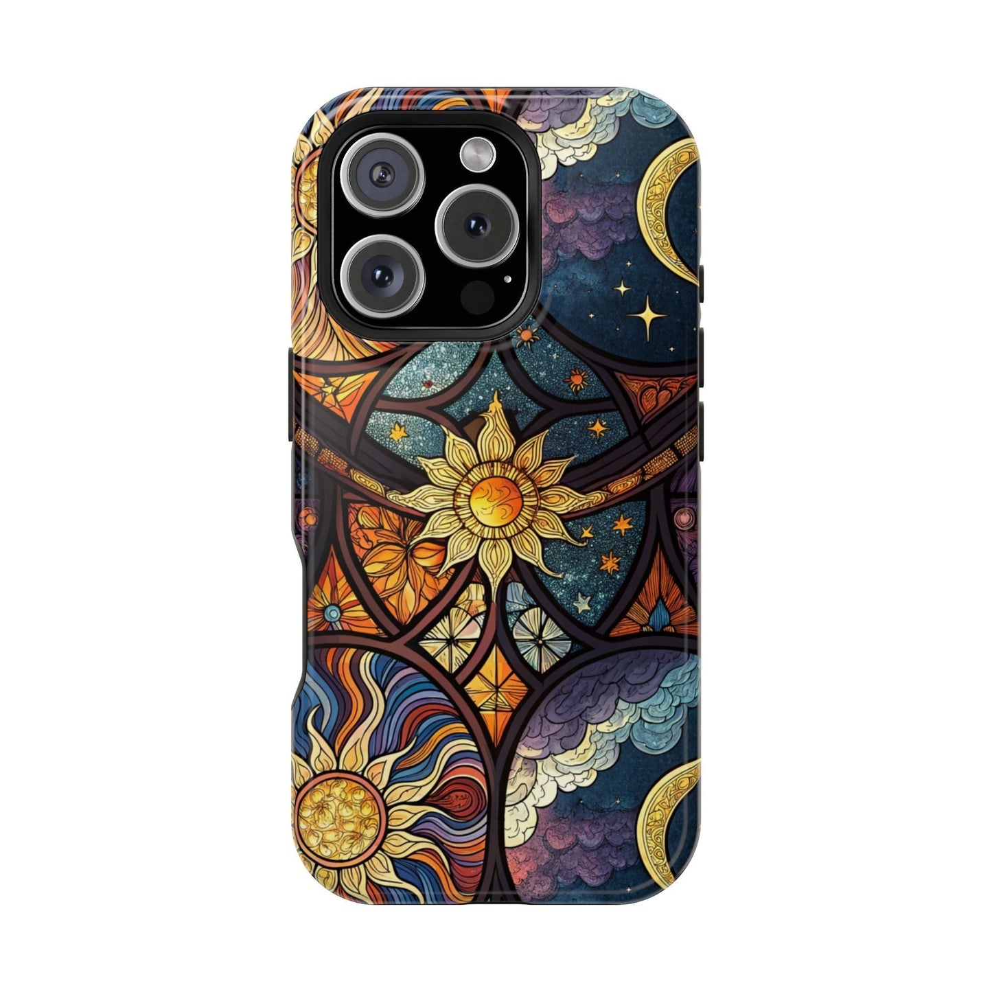 Sun and Moon iPhone case with dual-layer protection and MagSafe, featuring vibrant celestial design in matte or glossy finish.