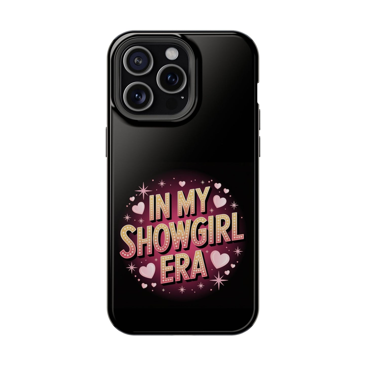 Durable black phone case with "In My Showgirl Era" retro glam design and hearts, protective polycarbonate and TPU shell, MagSafe compatible.