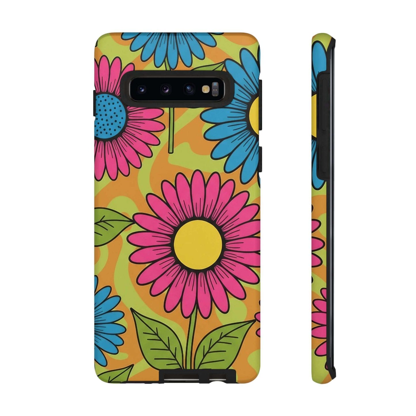 Samsung Tough Case with colorful floral design, durable impact-resistant phone cover with shock-absorption and wireless charging compatibility