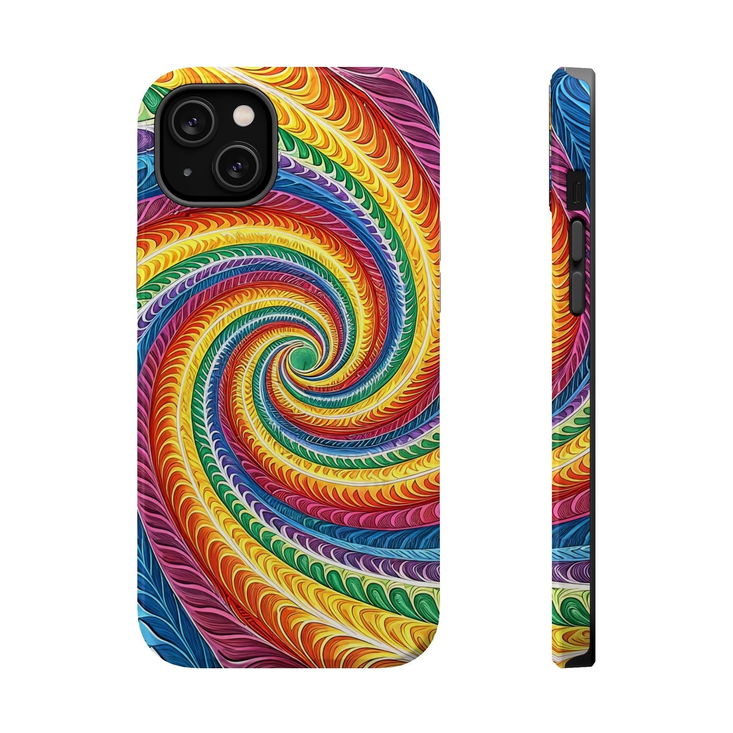 Rainbow swirl design tough iPhone case with vibrant colors and MagSafe compatibility