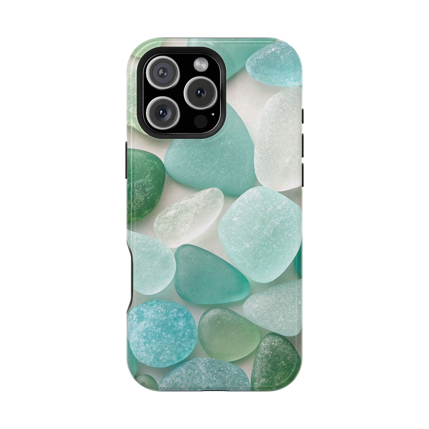 Sea glass inspired design iPhone case with blue and green frosted stones, durable protective cover with MagSafe magnet, coastal beach vibe