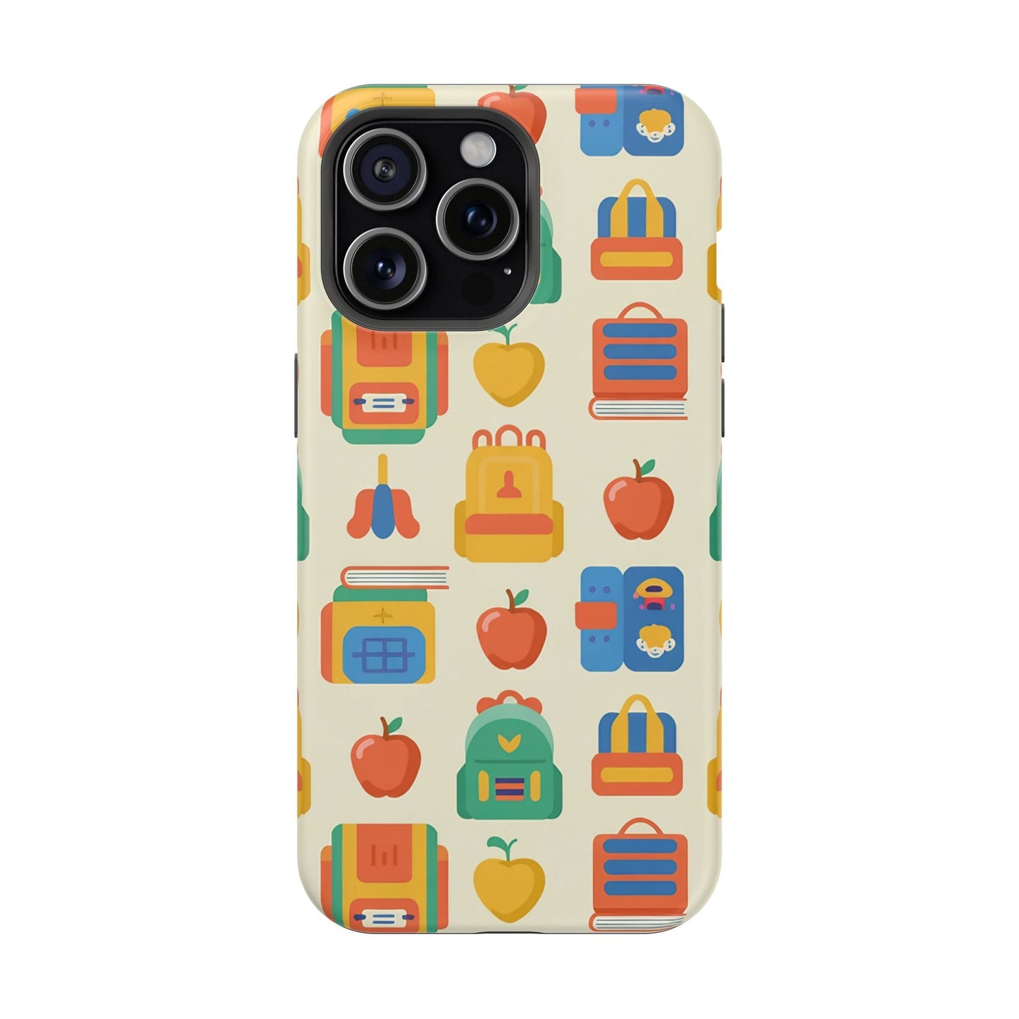 Back to School iPhone case with colorful school-themed icons, durable dual-layer protective design, and MagSafe compatibility.
