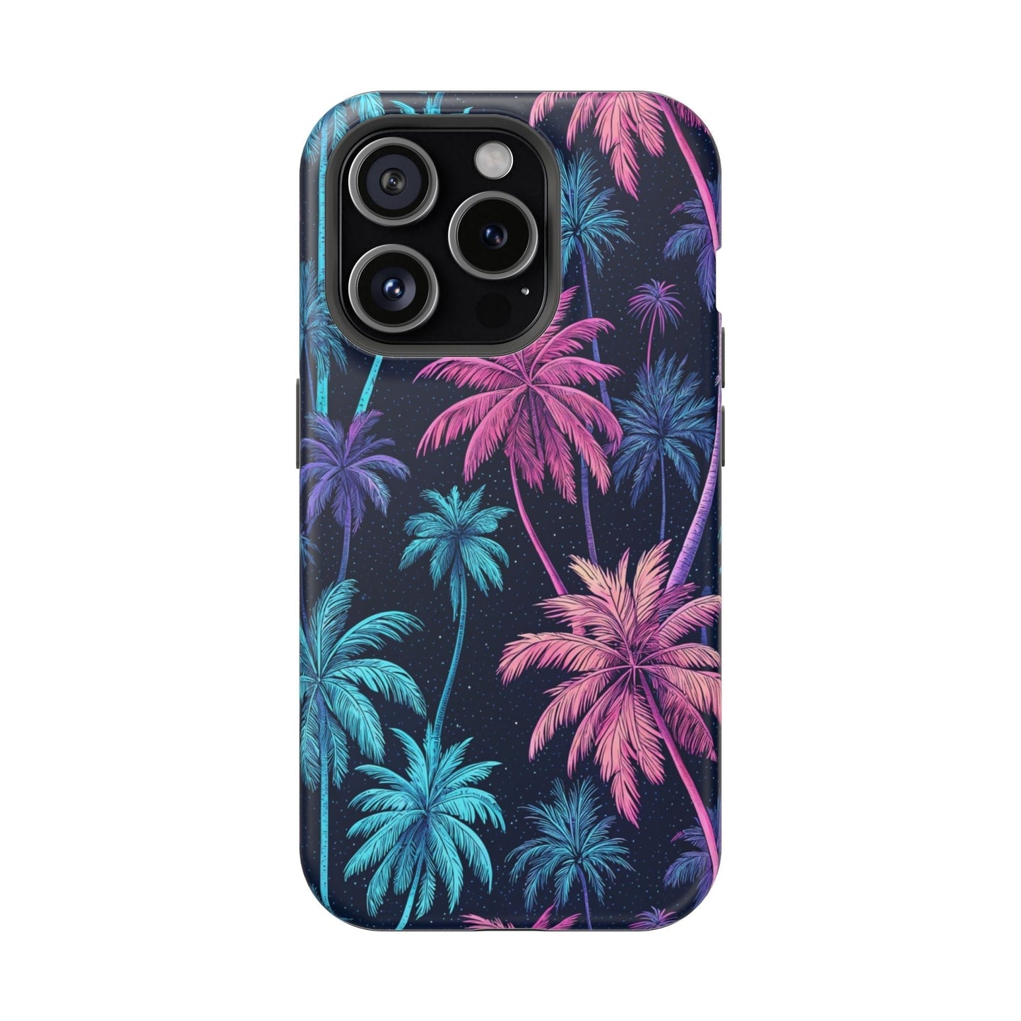 Neon Palm Trees Phone Case with vibrant pink and blue tropical palm design for iPhone, featuring dual-layer protection and MagSafe compatibility