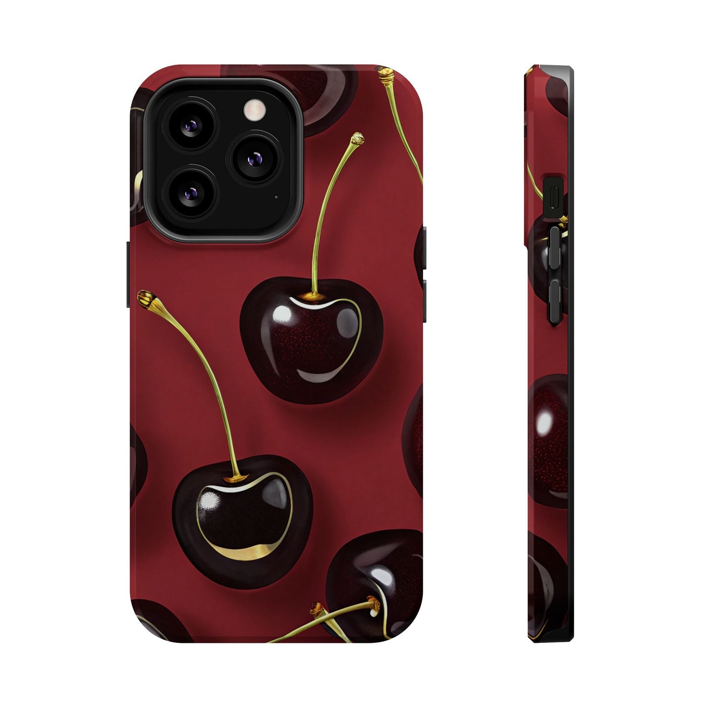 Cherry iPhone tough case with durable dual-layer protection and vibrant photo-realistic cherry design, MagSafe compatible.