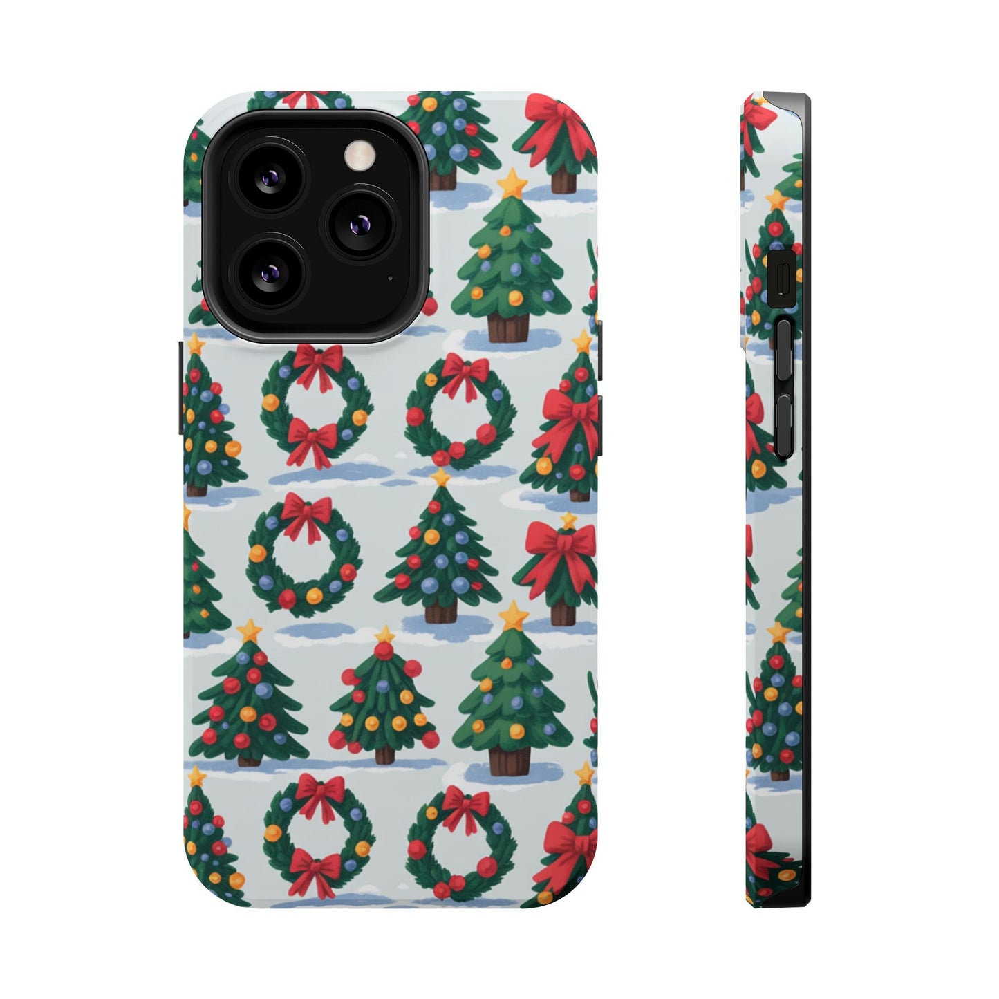 iPhone case with festive holiday tree and wreath pattern in vibrant colors for Christmas celebration
