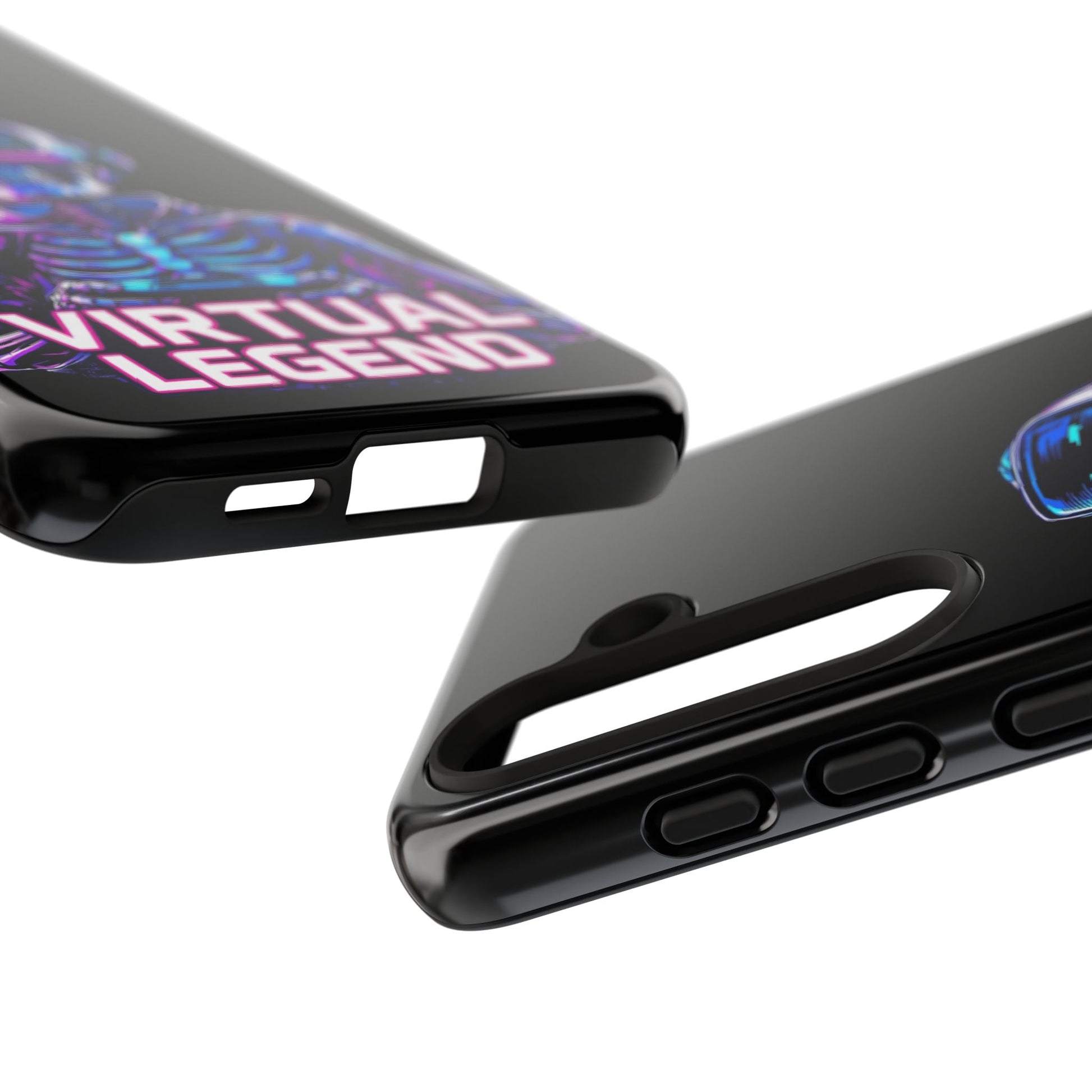 Close-up of black Virtual Legend Gamer Tough Case for Samsung phones with 3D design and bold text.