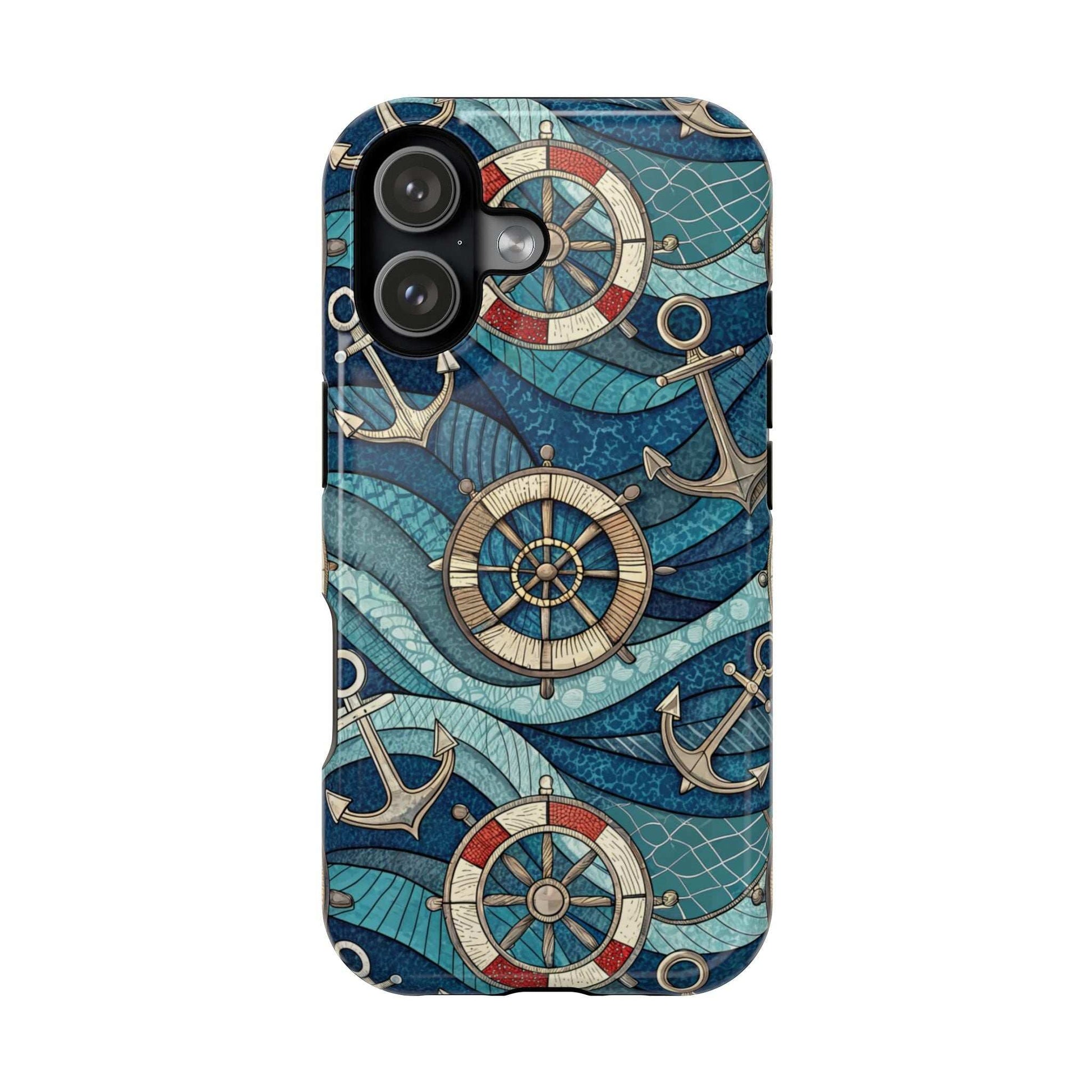 Nautical Theme iPhone Case with anchors and ship wheels on blue waves for iPhone 13-16 series