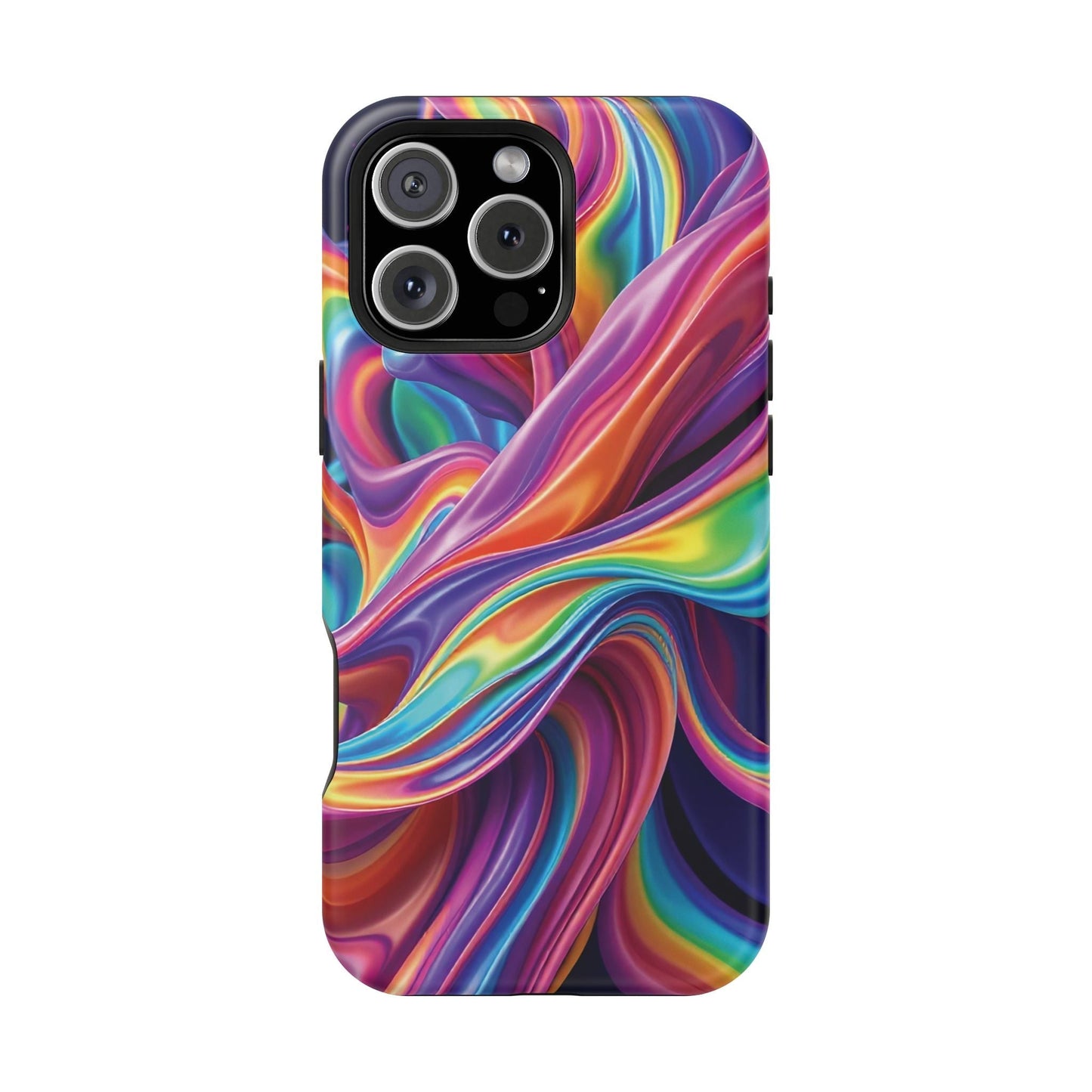 iPhone tough case with vibrant wrapping rainbow design and MagSafe compatibility