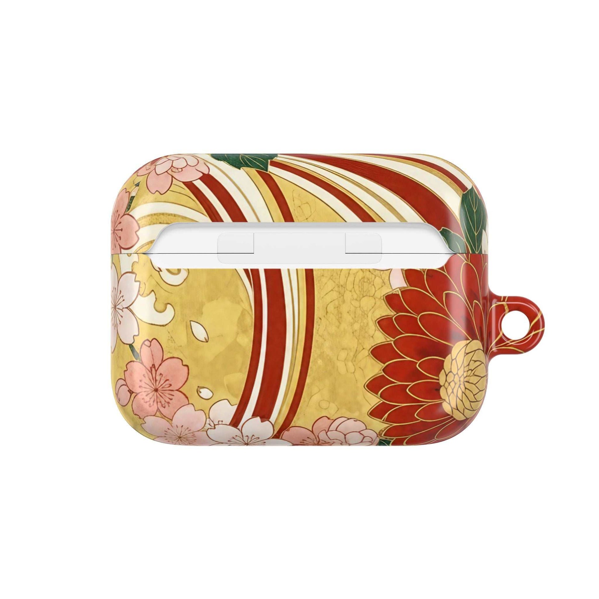 Japanese Floral Gold Chrysanthemum AirPod Case with carabiner and gloss finish