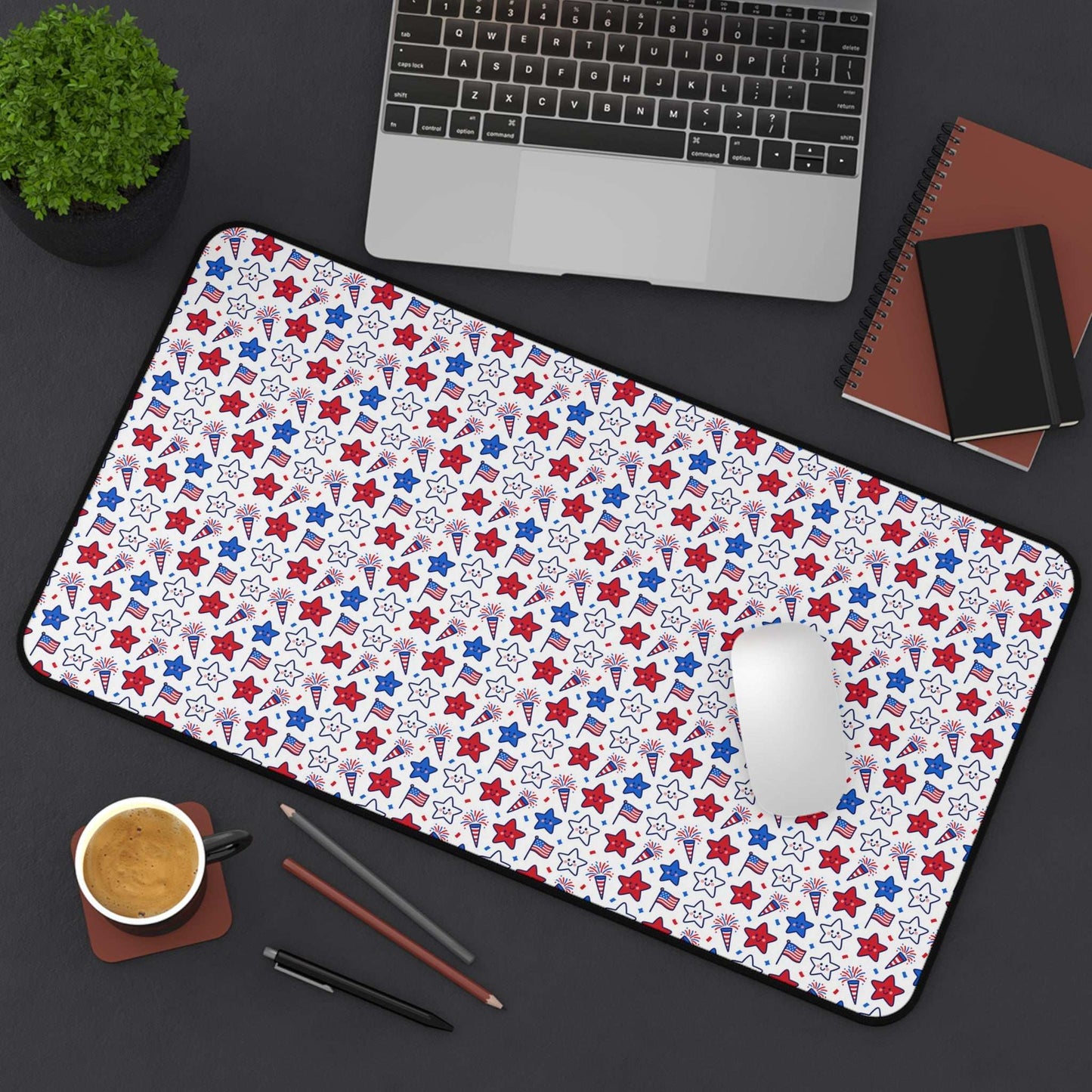 Kawaii 4th of July Desk Mat – Cute Patriotic Mouse Pad, Non-Slip Neoprene, Pastel Stars & Fireworks Workspace Mat