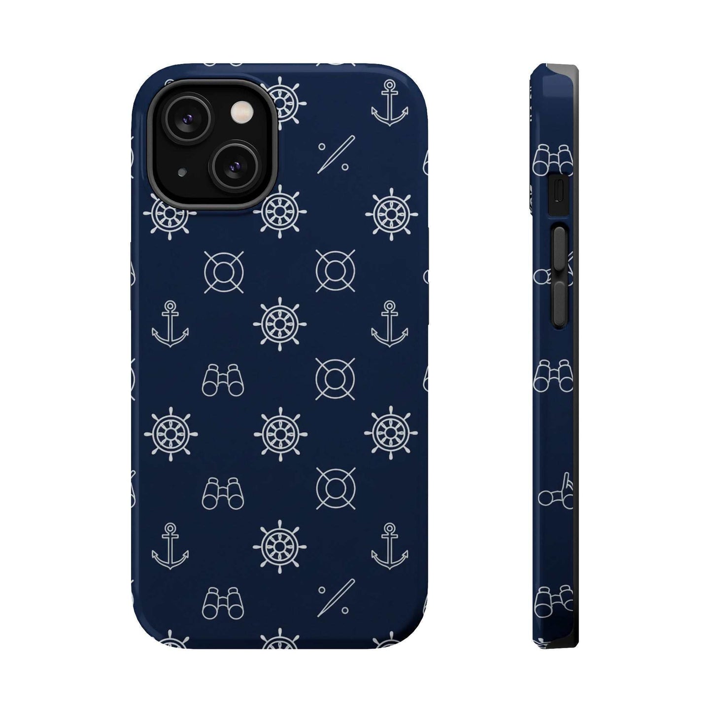Minimalist nautical iPhone case with sail and wave design, magnetic MagSafe compatibility, matte or glossy finish, dual-layer impact protection