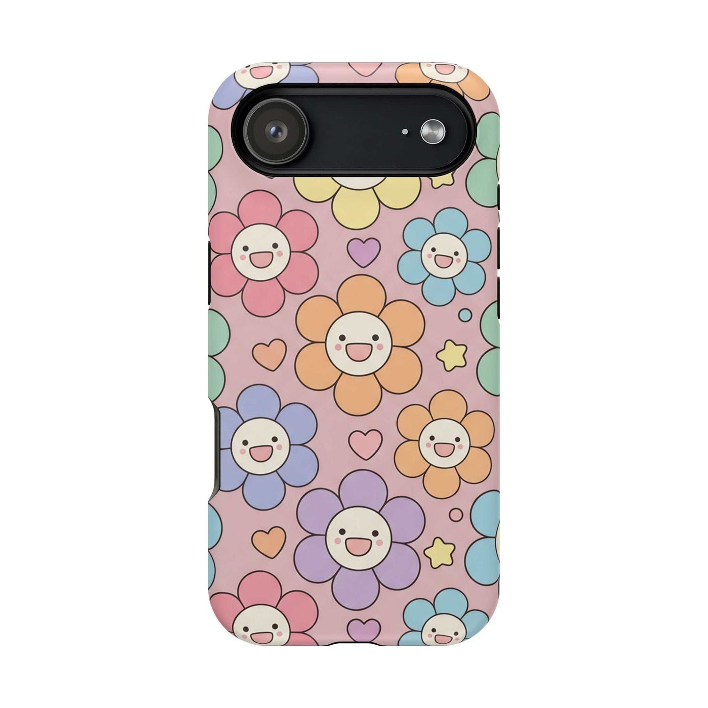 Happy Flower iPhone tough case with colorful smiling flower design and impact-resistant magnetic protection