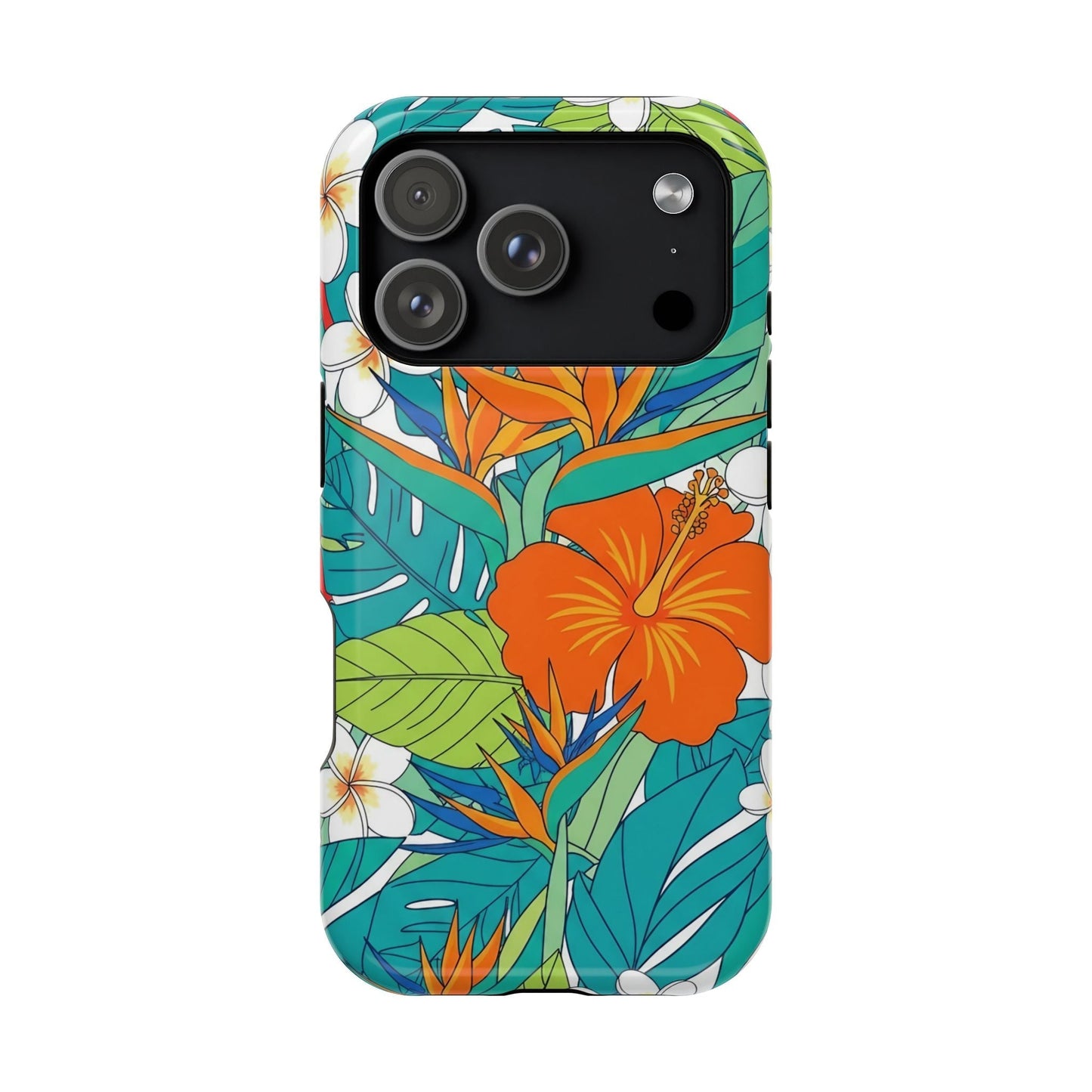 Vibrant floral iPhone case with tropical design, durable polycarbonate protection, and MagSafe compatibility