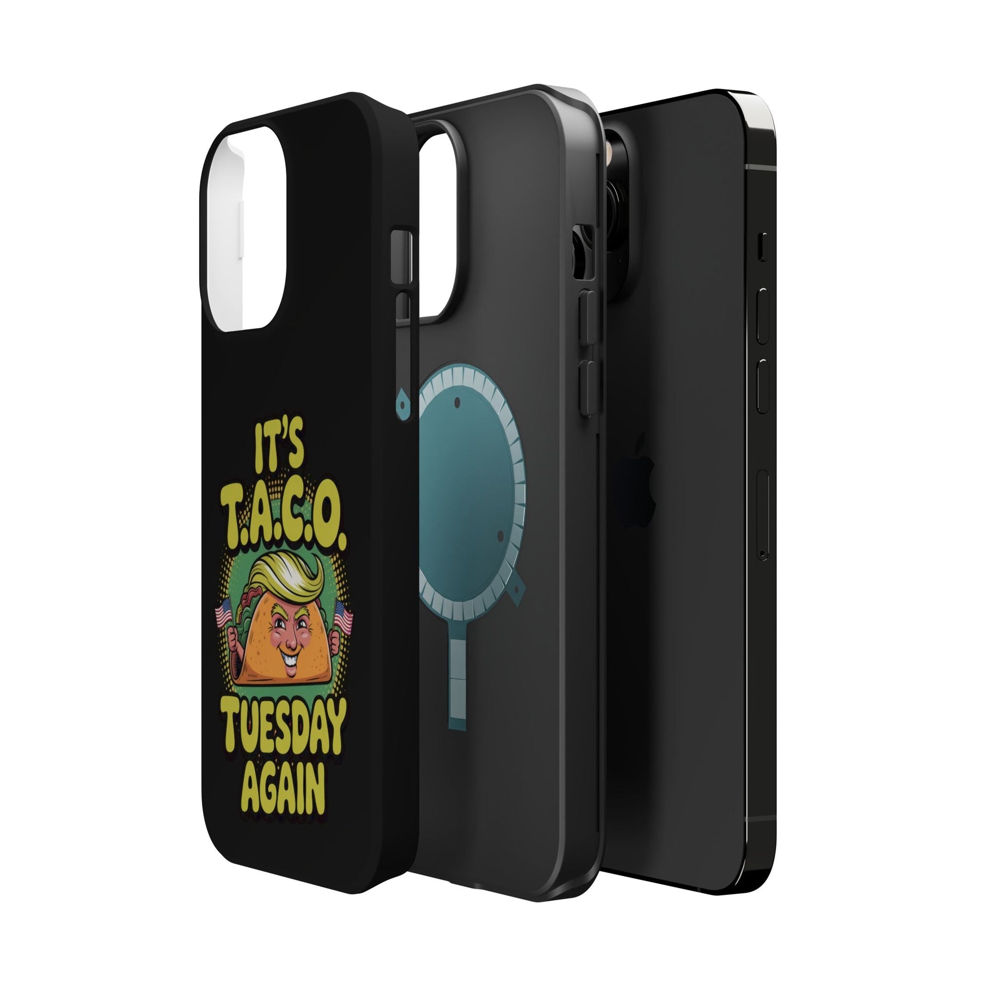 Black iPhone tough case with "It's Taco Tuesday Again" colorful taco design and built-in MagSafe magnet for protection and convenience
