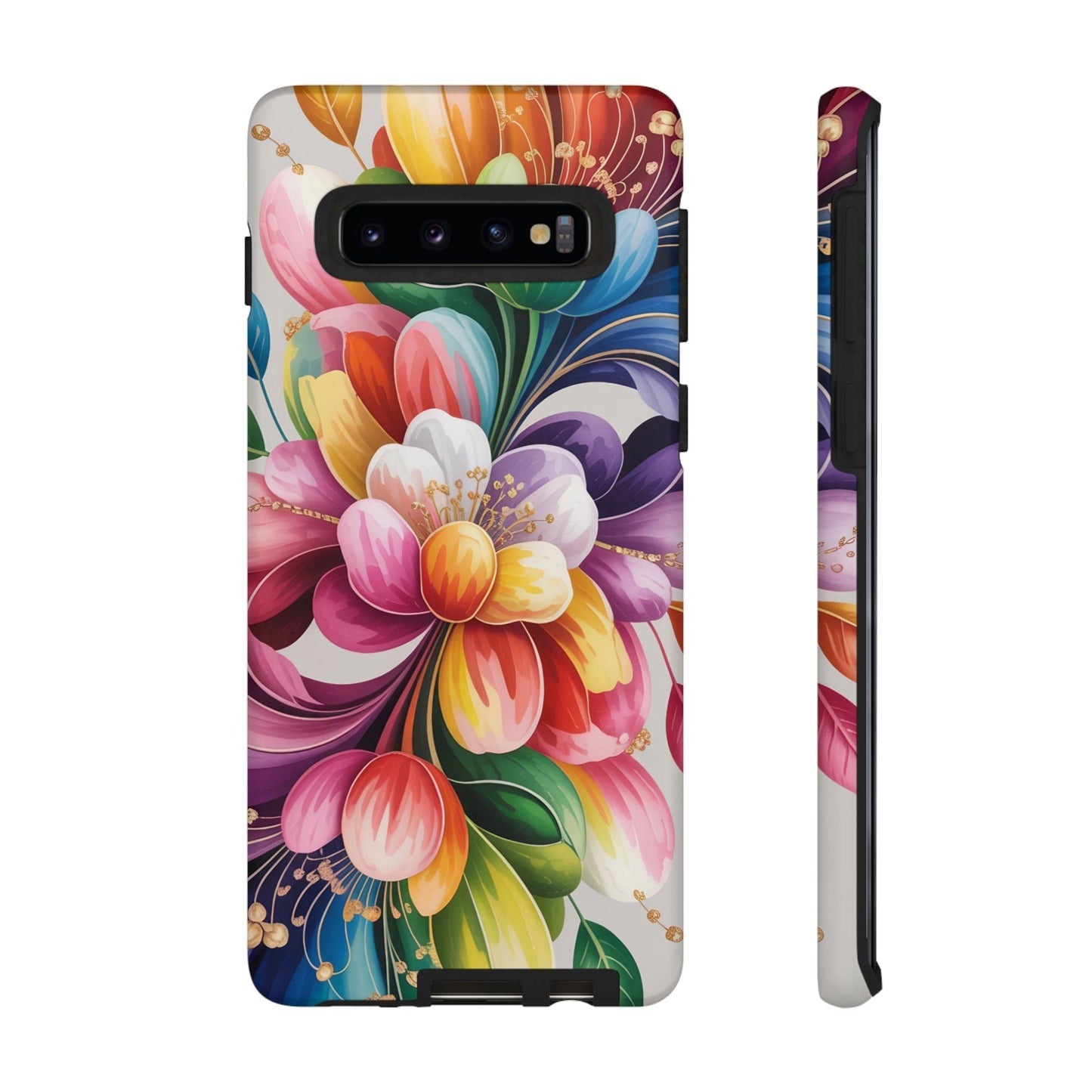 Vibrant floral Samsung case with full ink wrap, durable impact-resistant protection, and TPU shock absorption.