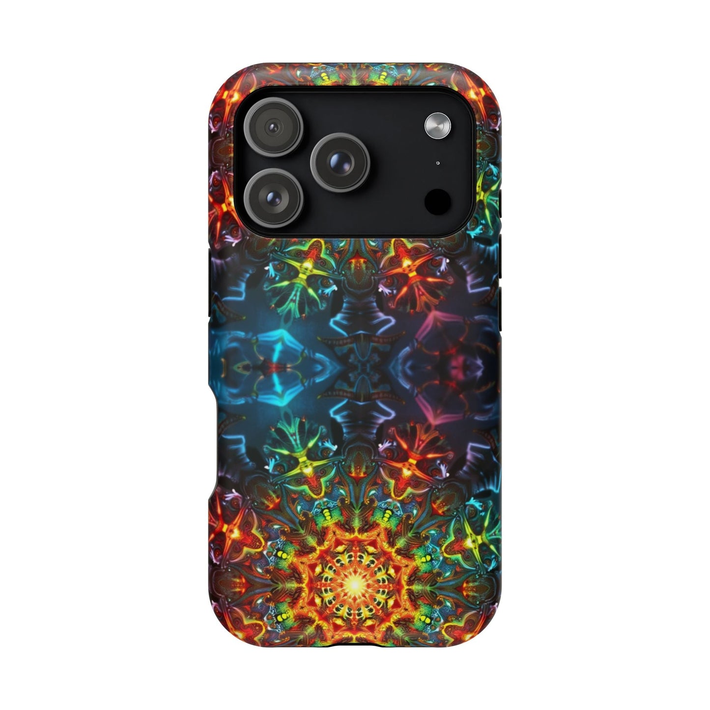 iPhone case with vibrant colorful abstract kaleidoscope design and dual-layer protection