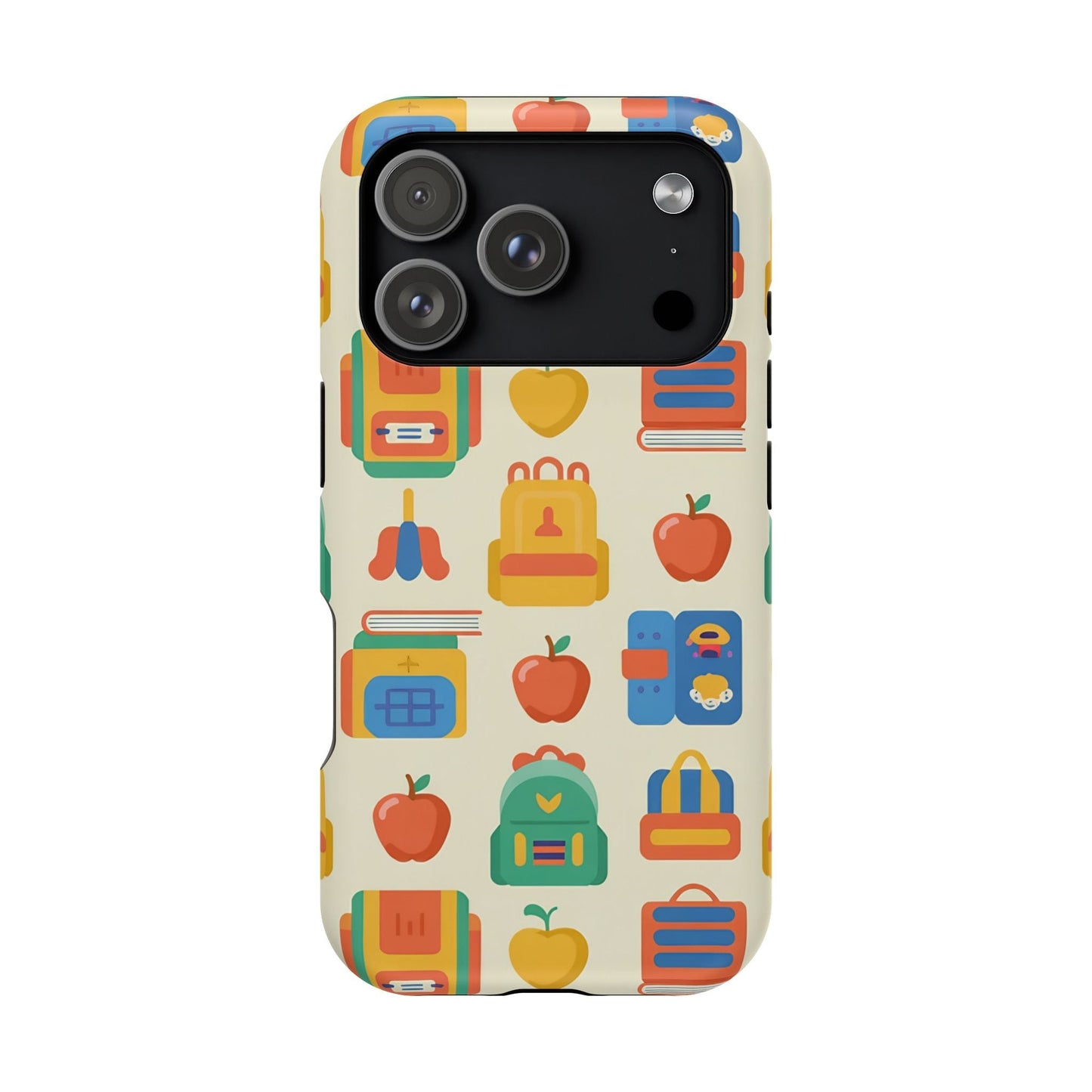 iPhone tough case with colorful back to school icons and MagSafe compatibility