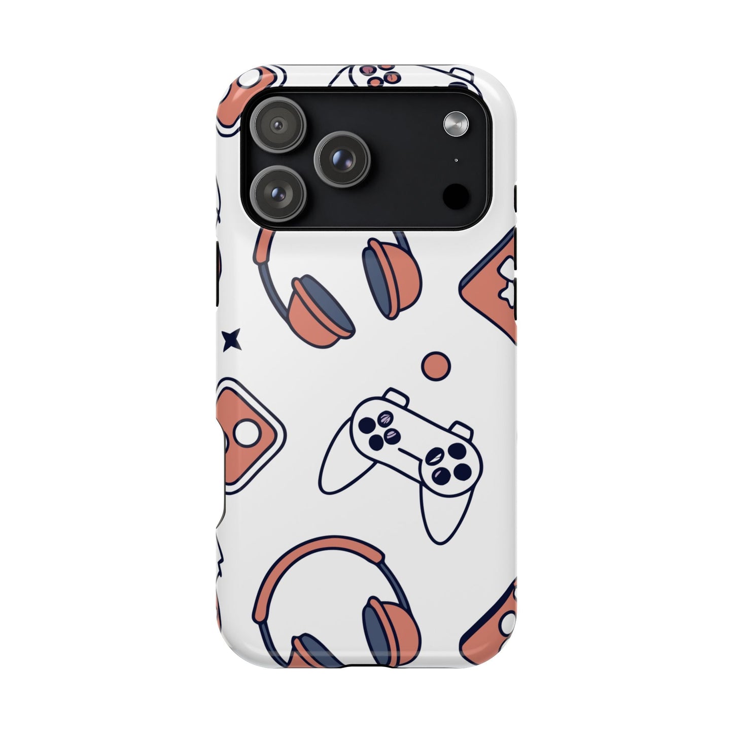 Gamer iPhone tough case with gaming controller and headset design, durable dual-layer protection, and MagSafe compatibility