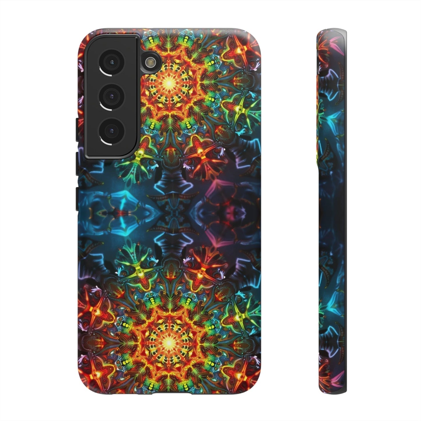 Abstract Kaleidoscope Samsung phone case with vibrant, colorful, symmetrical kaleidoscope pattern, protective slim design for Samsung Galaxy models.