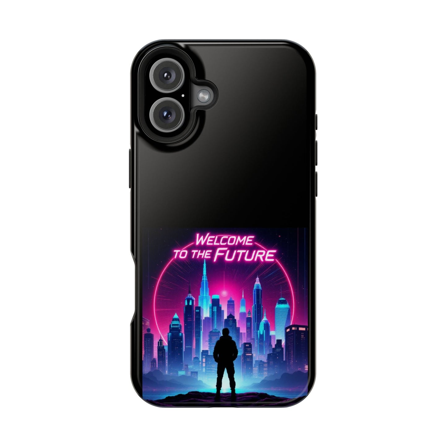 Futuristic Vibe iPhone Case with neon city skyline and "Welcome to the Future" text, durable MagSafe tough case design