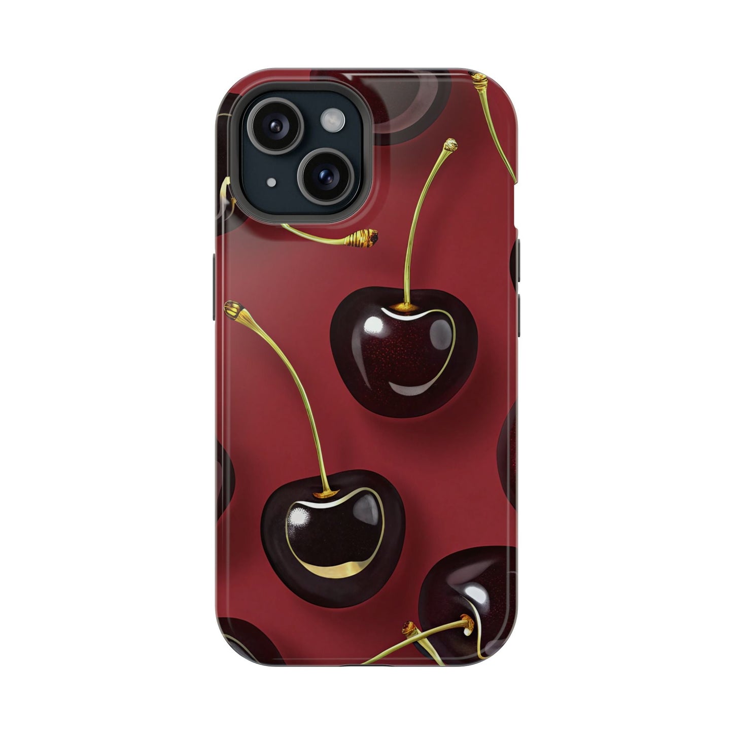 Cherry iPhone tough case with durable dual-layer protection and vibrant photo-realistic cherry design, MagSafe compatible