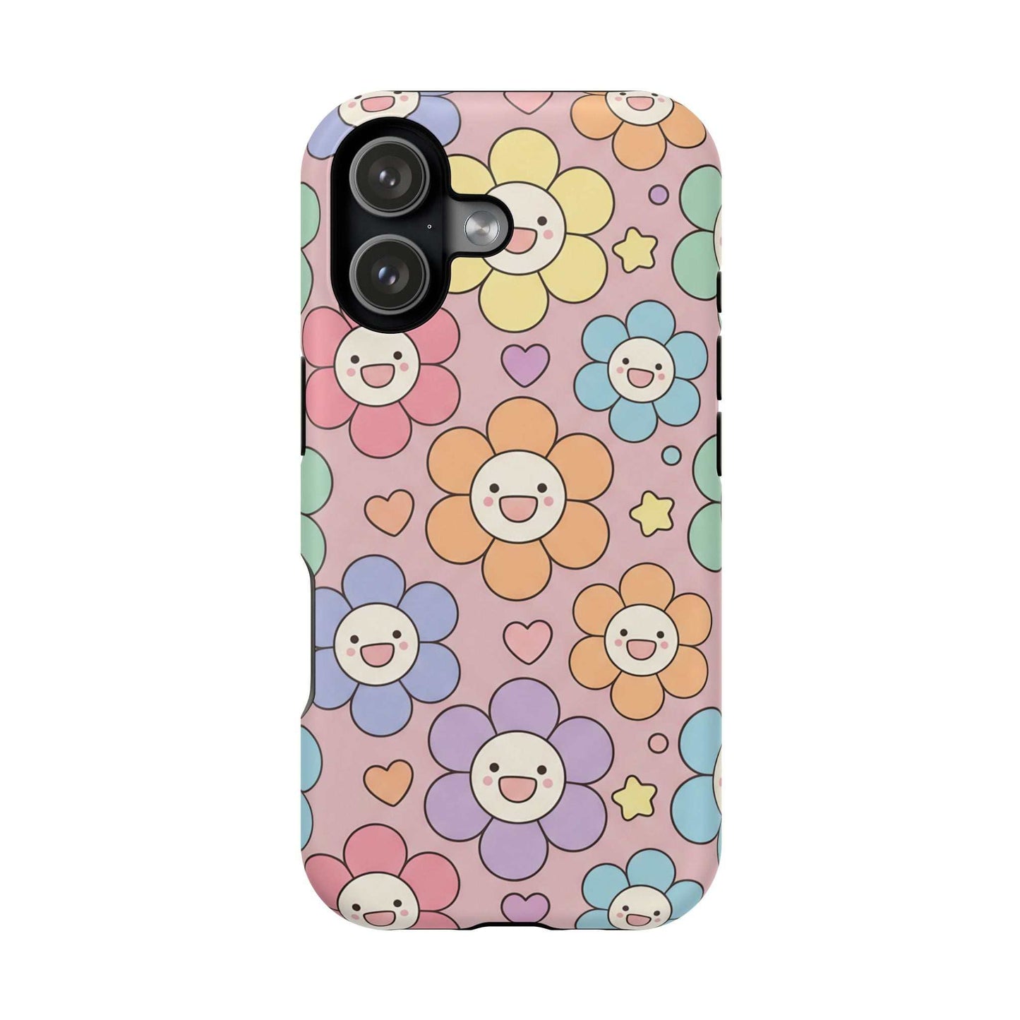 Happy Flower iPhone Tough Case with colorful smiling flower design and MagSafe compatibility