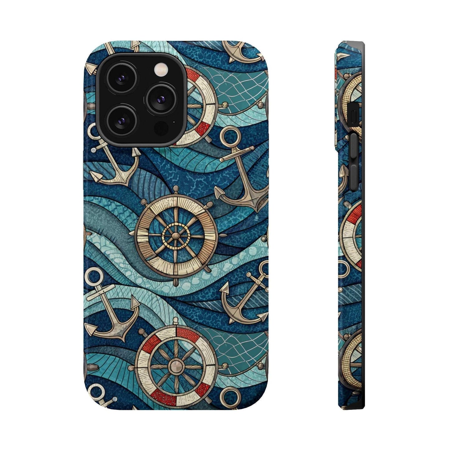 Nautical Theme iPhone Case with anchors and ship wheels on blue waves, durable protective design for iPhone 13 to 16 series