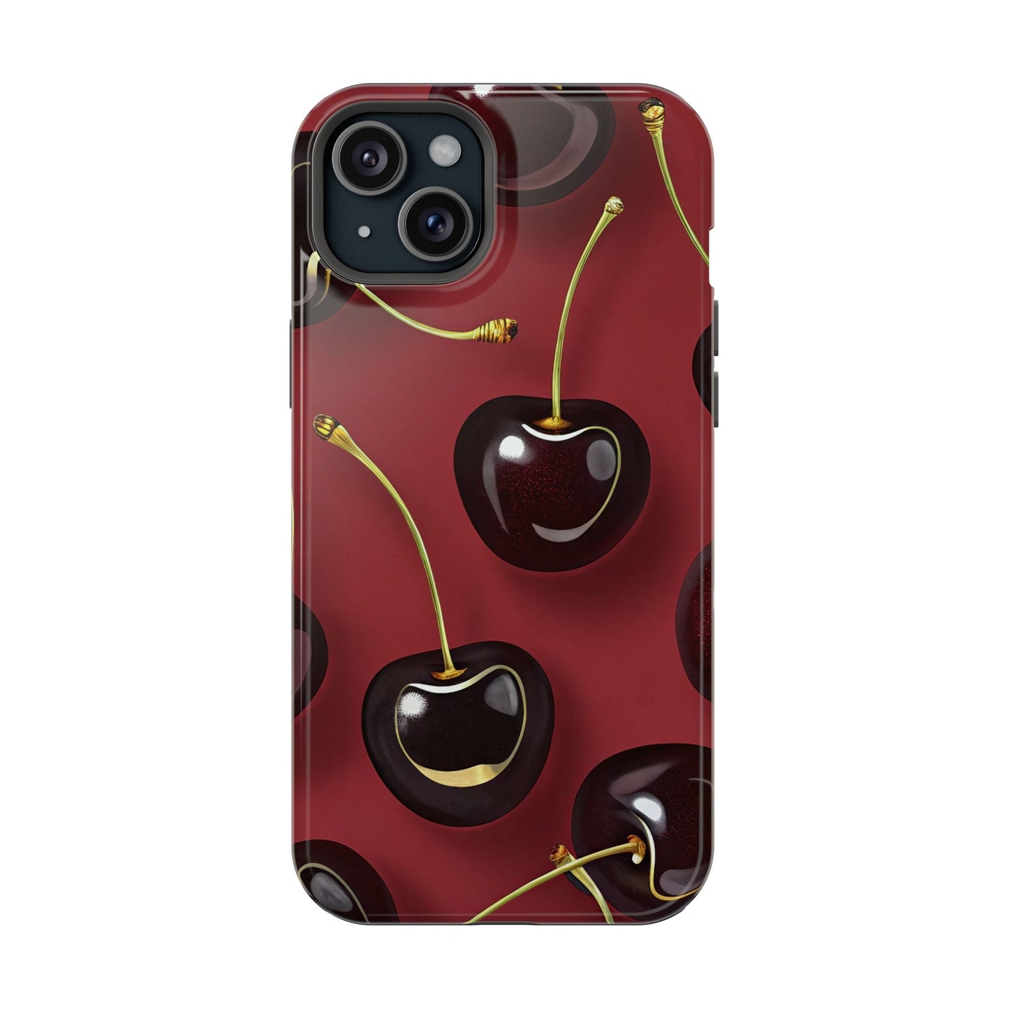 Cherry iPhone tough case with vibrant photo-realistic cherry design and dual-layer protection, MagSafe compatible