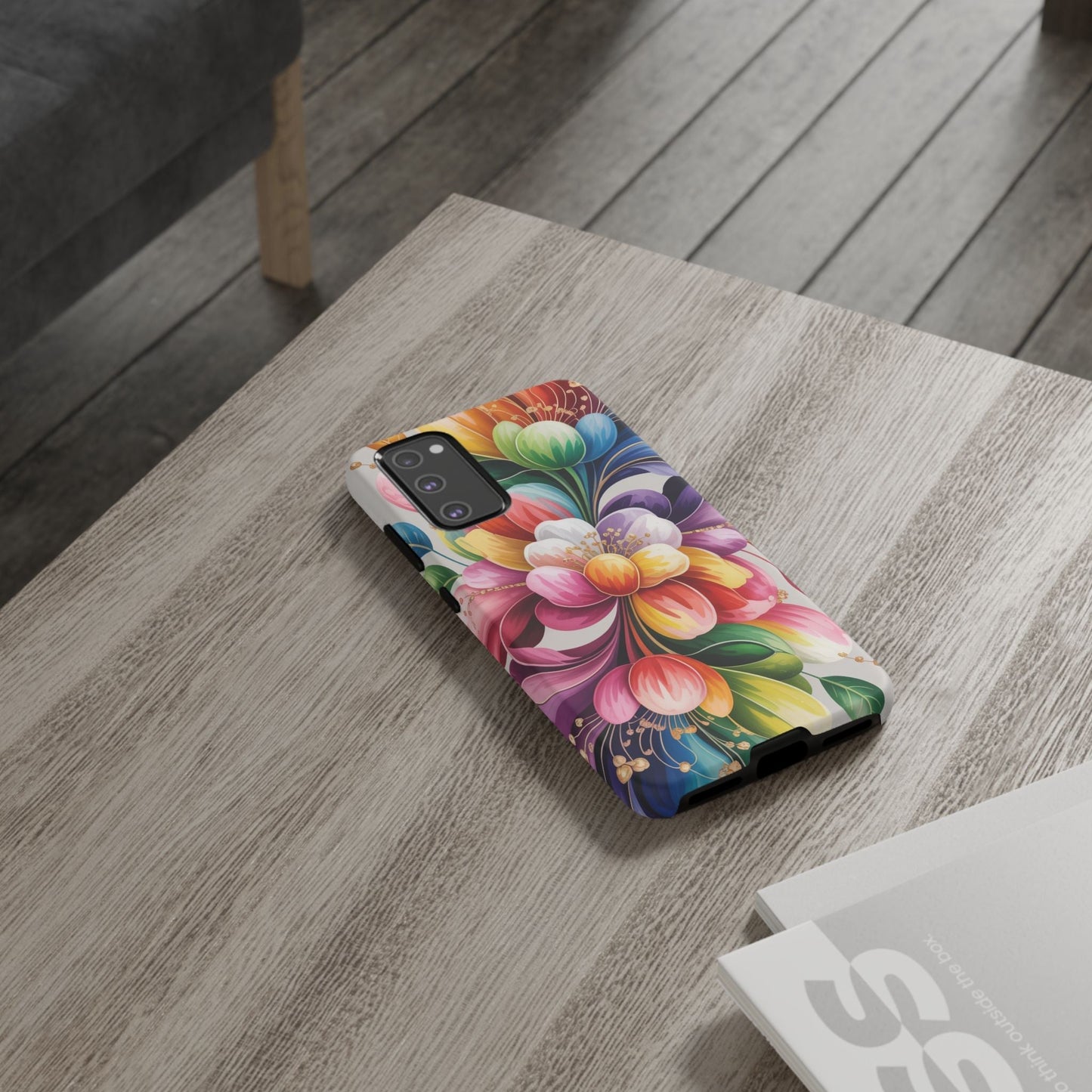 Vibrant floral Samsung phone case with full ink wrap, impact-resistant TPU protection, and wireless charging support.