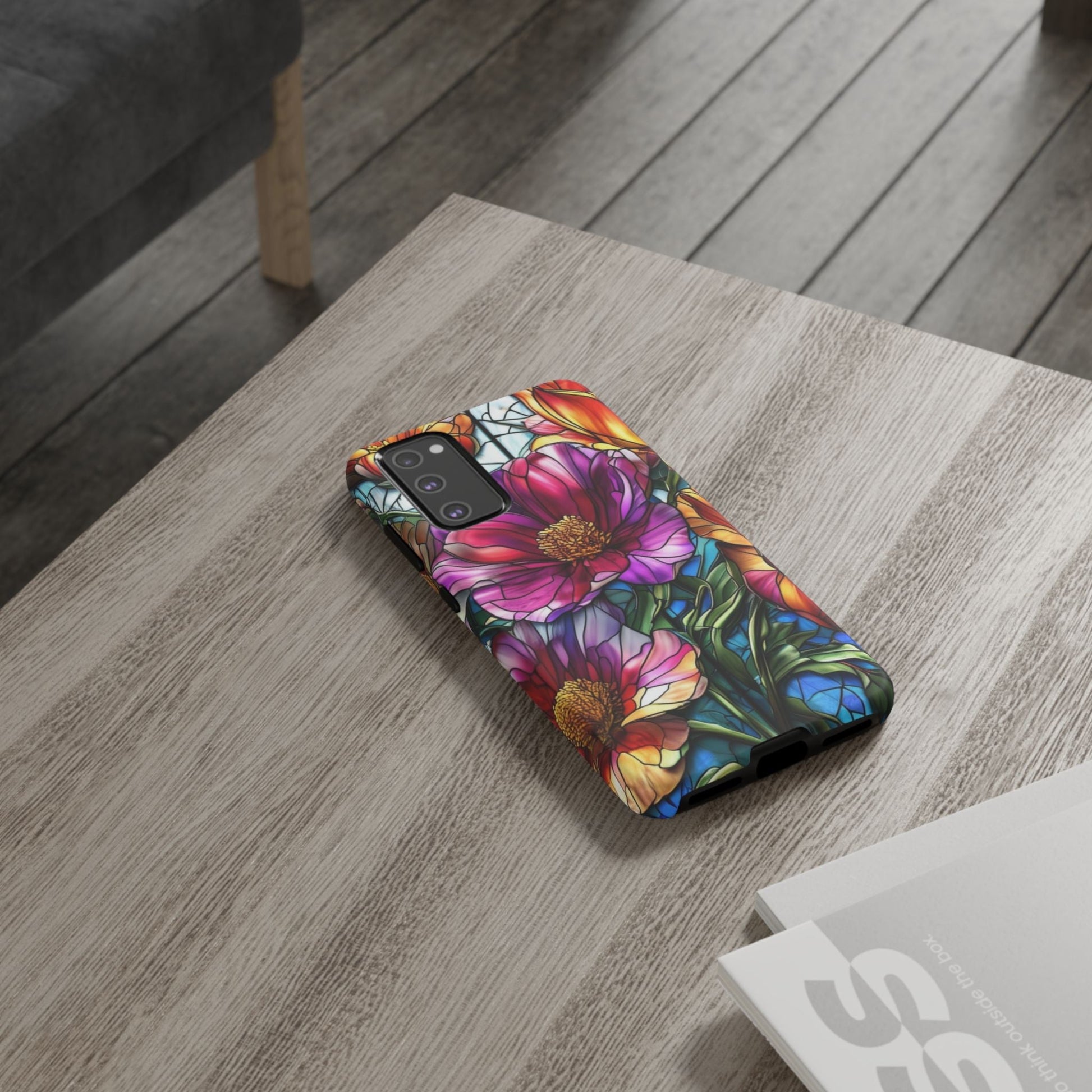 Samsung phone case with vibrant purple flower design, durable and impact-resistant with UV protection and wireless charging support