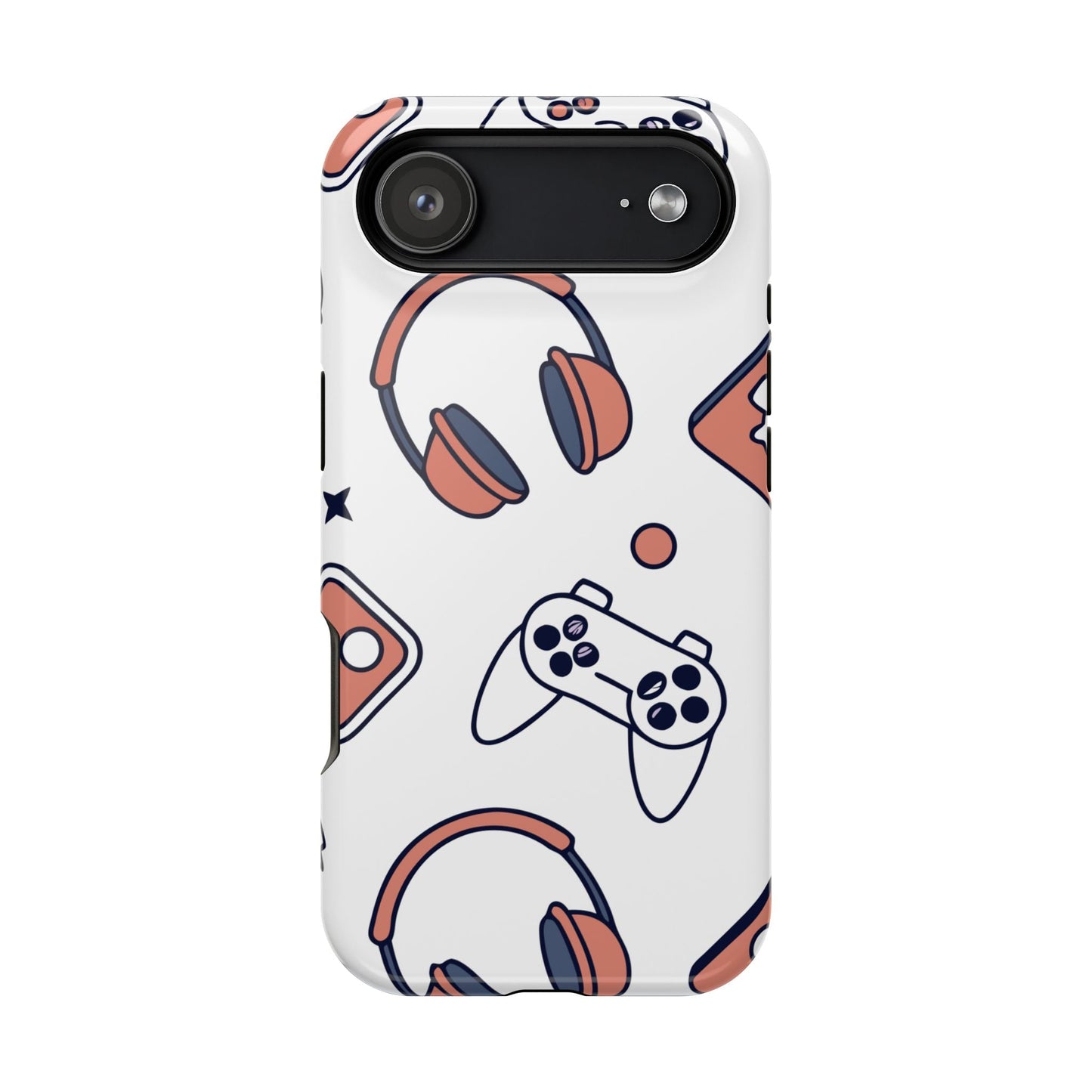 Gamer iPhone tough case with gaming controller and headset design, durable polycarbonate protection, MagSafe compatible