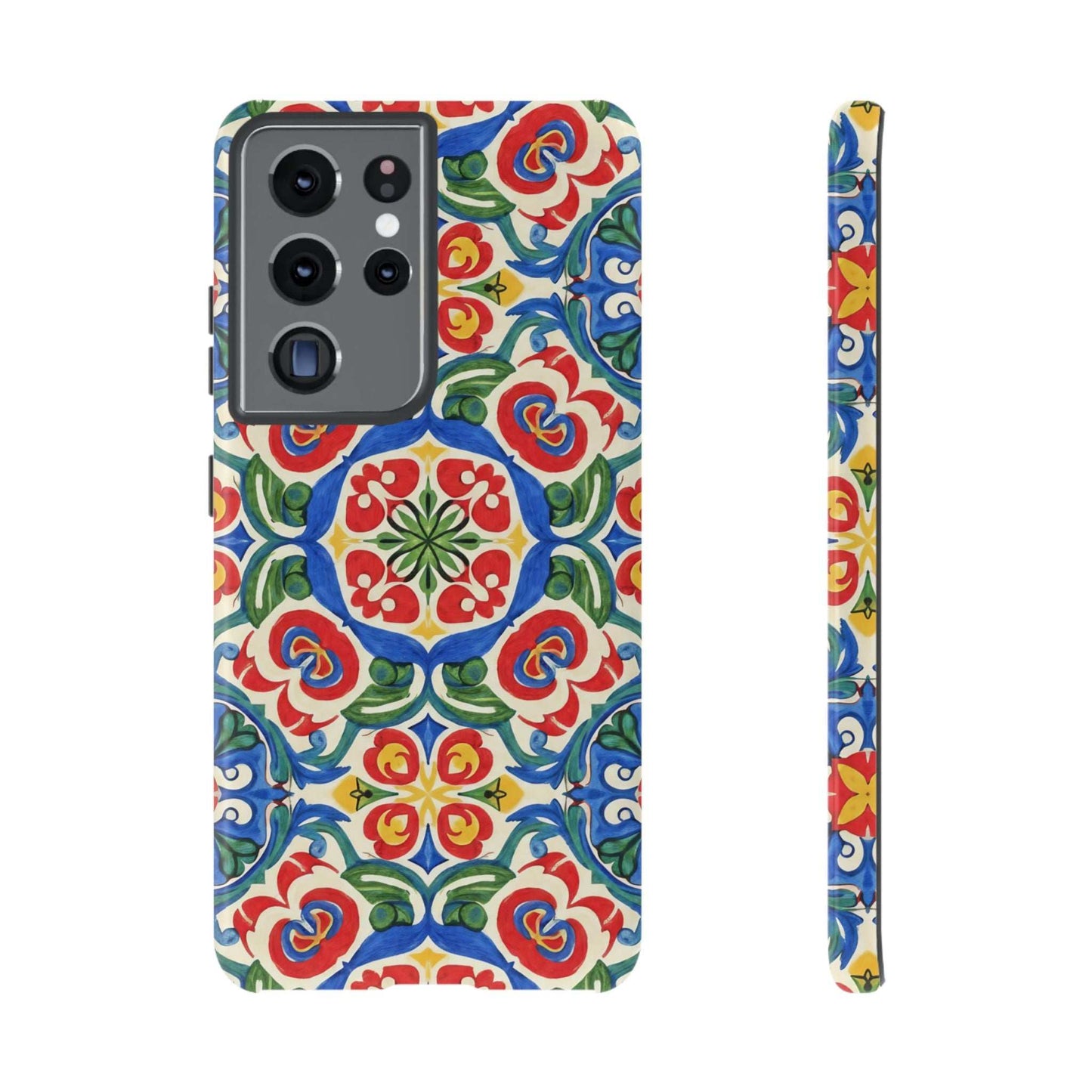 Mediterranean Samsung Case with hand-painted Spanish tile pattern in vibrant blues, reds, and greens, featuring dual-layer protection and seamless 3D wrap design
